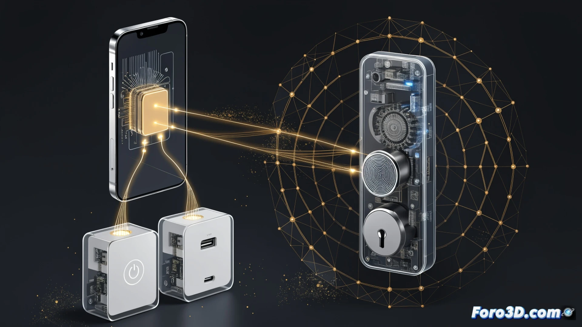 smartphone held in hand with Thread icon glowing on screen, wireless signal beams connecting directly to smart plug and smart lock nearby, no physical border router present, home interior background with subtle smart home devices, glowing Thread node symbols floating in air, clean modern living room setup, cinematic technical visualization, photorealistic lighting, warm ambient glow from device LEDs, smooth metallic textures, dynamic connection lines tracing invisible radio waves, minimal clutter, high contrast between phone screen and dark furniture, engineering illustration style, sharp focus on hand and devices, soft bokeh on background
