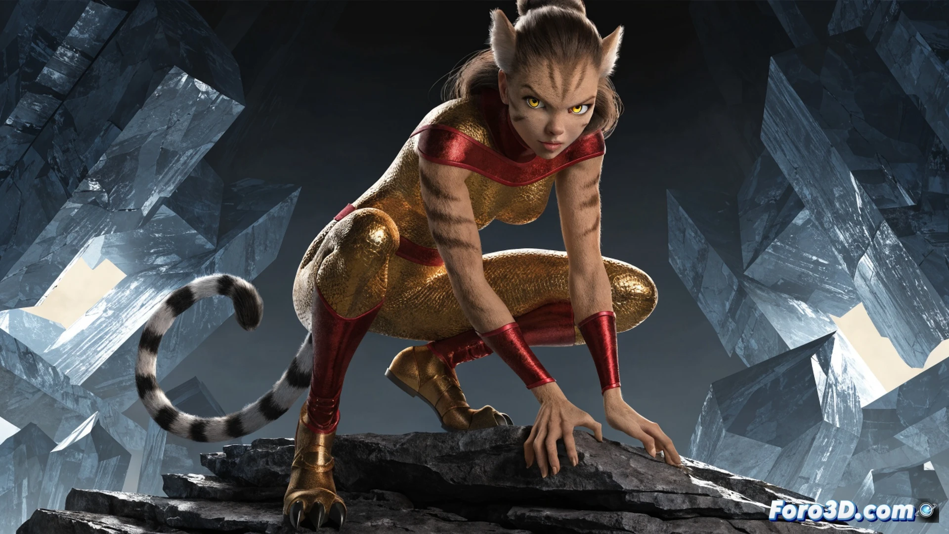 Cheetara de ThunderCats en plena acción, saltando sobre ruinas de una antigua torre tecnológica, garras extendidas mientras una visión fantasmal de un futuro apocalíptico se superpone en el cielo, mostrando fragmentos de circuitos rotos y engranajes flotando a su alrededor, su bastón de energía emite destellos dorados durante el movimiento, escombros metálicos levantados por su velocidad, estilo cinematográfico de ilustración técnica, iluminación dramática con contrastes naranjas y azules, texturas detalladas de armadura felina y componentes mecánicos, render fotorrealista con efecto de desenfoque de movimiento