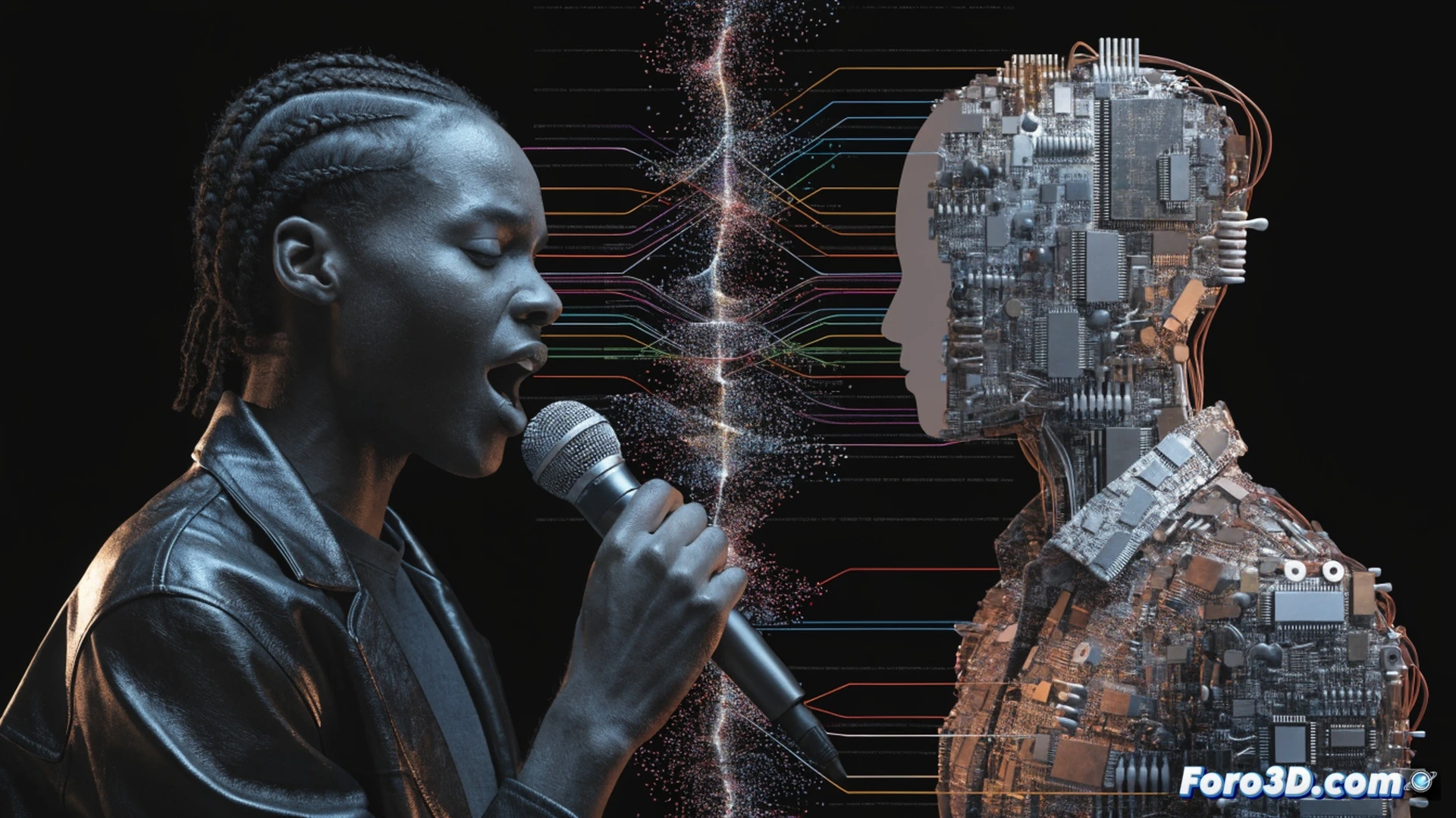 digital audio workstation screen showing a waveform being deleted by a robotic hand, Tidal interface with a zero-dollar royalty symbol on an AI-generated track, human silhouette at a mixing console watching income vanish into a void, glowing red AI tag stamping over a music file, cinematic technical illustration, dark studio lighting, robotic components interacting with audio software, photorealistic engineering visualization, dramatic contrast between human and machine elements