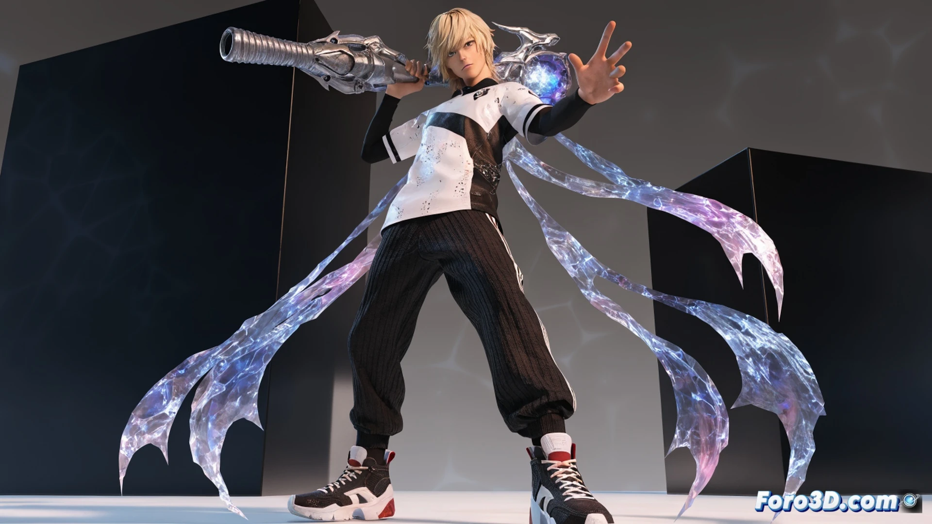 Tidus con jersey deportivo moderno realizando el Jecht Shot en un estadio digital, interfaz gacha de móvil visible en pantalla táctil simulando gasto de moneda virtual, monedas brillantes girando mientras una barra de progreso de evento muestra fechas del 30 de junio al 28 de julio, Dissidia Duellum Final Fantasy, estilo cinemático photorealistic, iluminación de neón azul y naranja, partículas de energía alrededor del balón, textura de sudor y tela deportiva, fondo con gradas vacías y hologramas de personajes clásicos, render técnico de videojuego para móvil.