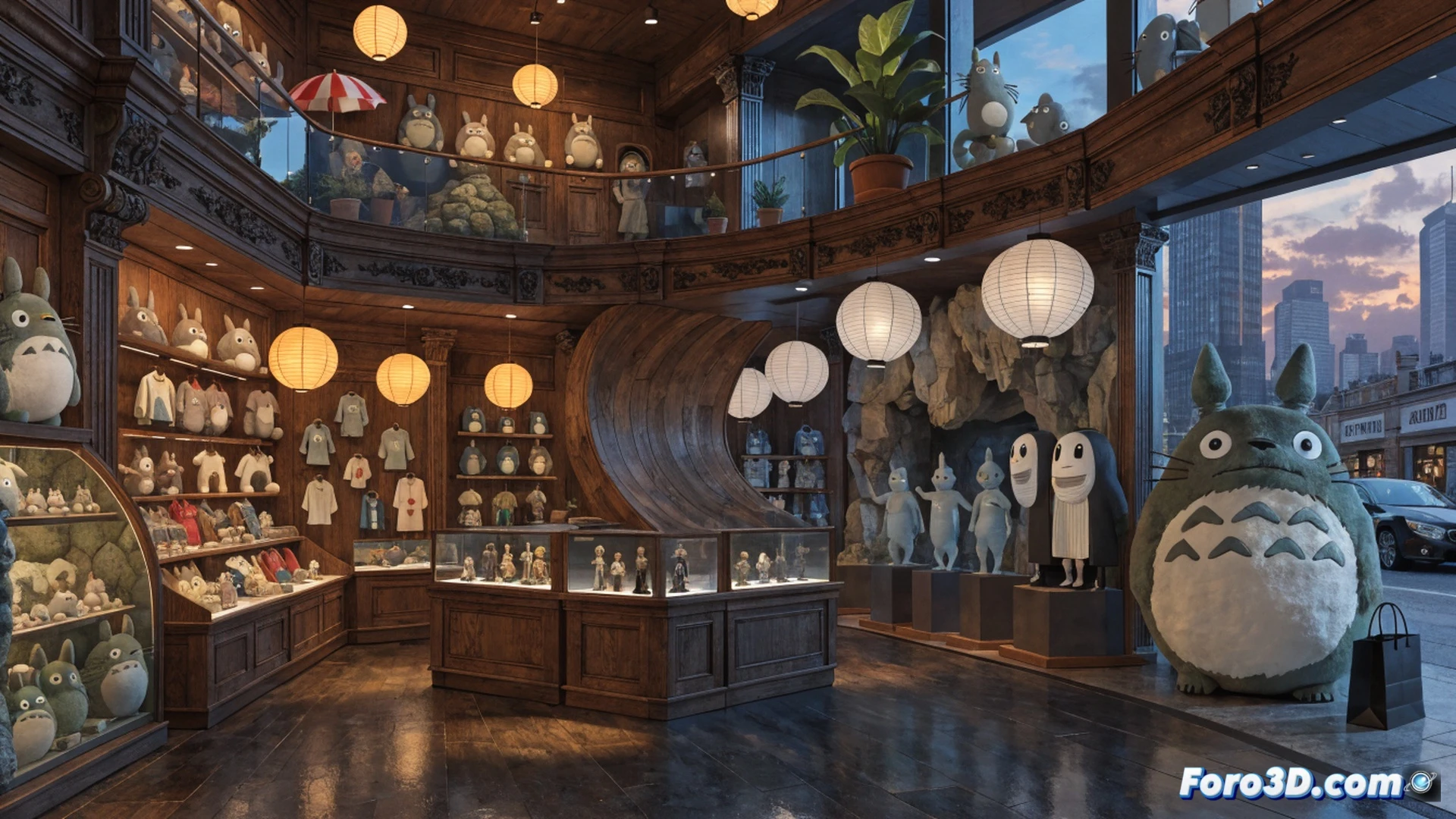 modern retail pop-up store entrance, giant Totoro statue at doorway surrounded by fans taking photos, interior shelves displaying Studio Ghibli merchandise including Totoro plushies and Spirited Away figurines, cashier counter with customers holding shopping bags, one customer receiving a free tote bag after spending 100 dollars, cinematic photorealistic style, warm ambient lighting from paper lanterns, wooden display units, soft shadows, crowded scene with excited expressions, ultra-detailed textures on products, Japanese-inspired decor, vibrant colors, depth of field focusing on Totoro statue at entrance