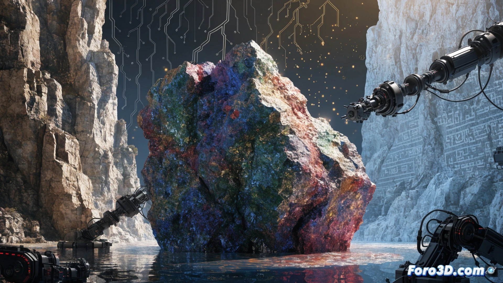 aerial view of a chaotic mining pit for rare earth elements, excavators digging into red clay while holographic supply chain data streams float above, a smartphone and an electric car battery partially buried in the dirt showing consumer connection, industrial conveyor belts moving raw ore, workers in hazmat suits monitoring extraction, glowing rare earth oxides spilling from a cracked vault, cinematic photorealistic technical illustration, dramatic chiaroscuro lighting, heavy machinery in motion, dust clouds, metallic reflections, high-contrast shadows and highlights, ultra-detailed mechanical textures