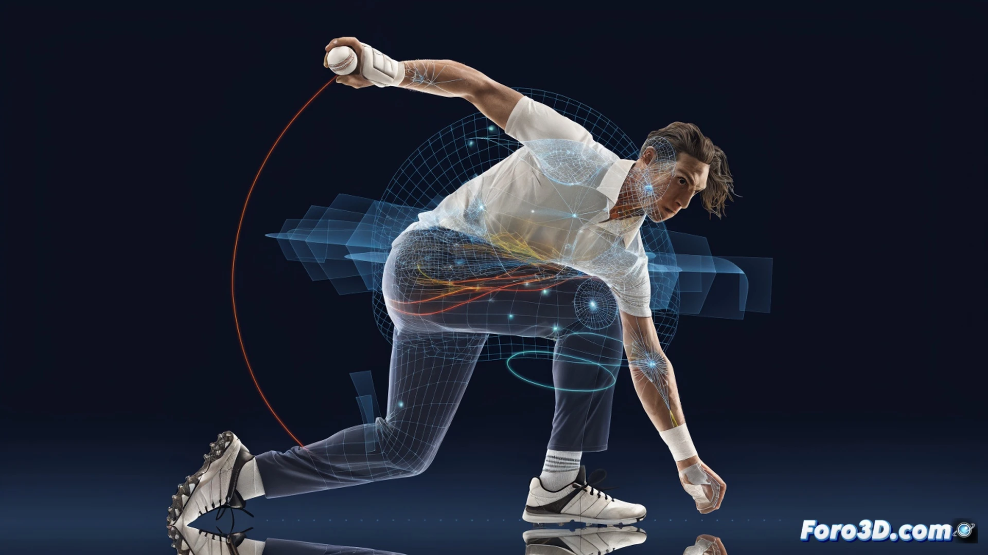 Tim Southee mid-delivery action, right arm swinging through release point, cricket ball angled with seam rotating, 3D wireframe overlay tracking shoulder rotation and wrist snap, biomechanical lines highlighting swing angle and trajectory, motion blur on ball curving through air, photorealistic sports science visualization, dark studio background with soft rim lighting, detailed muscle tension and joint articulation, technical engineering render.