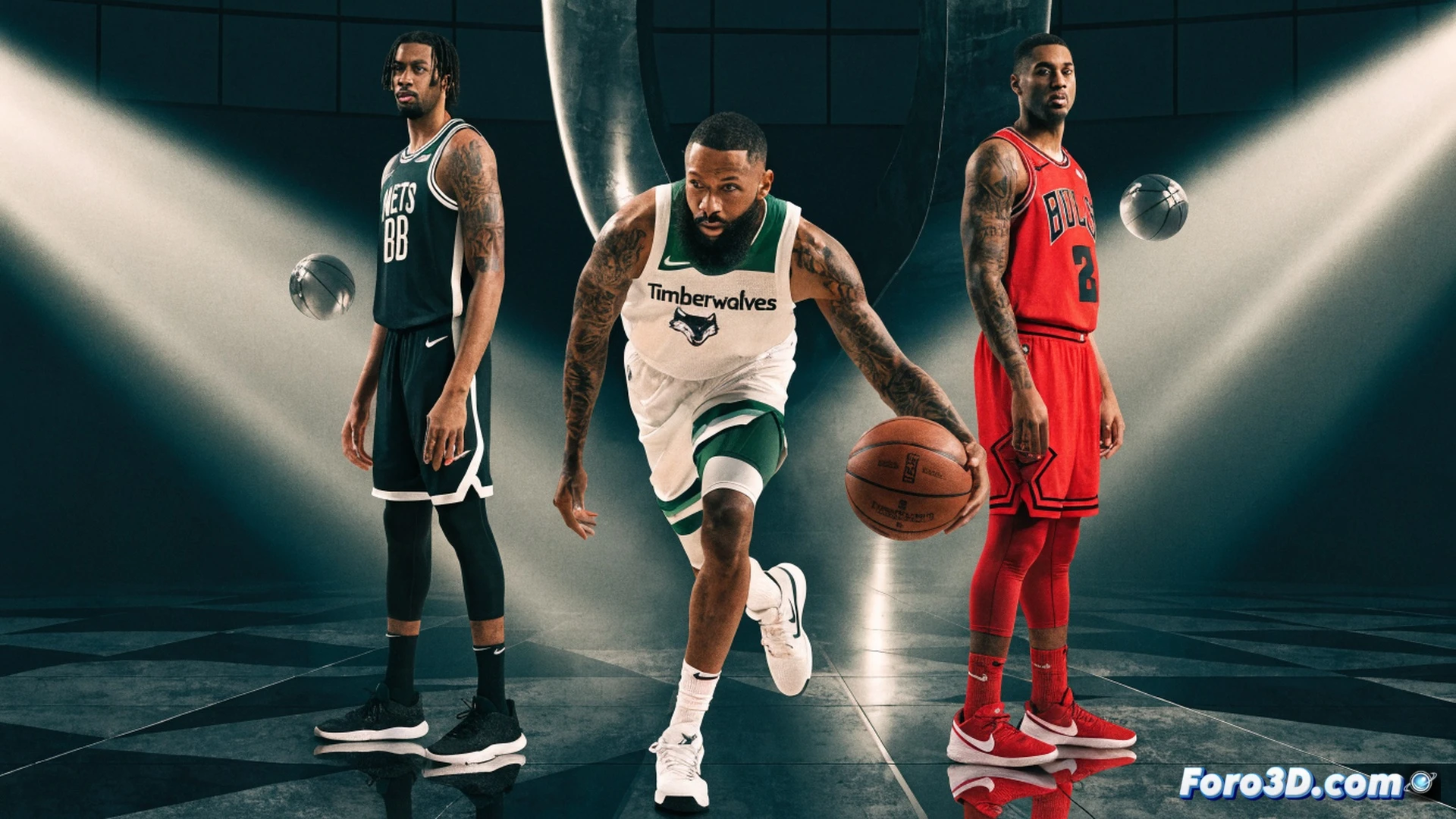 NBA trade negotiation table with three team logos Timberwolves Nets Bulls, Julius Randle jersey and draft pick card number 28 sliding toward Nets side while Nic Claxton silhouette moves toward Bulls, draft board showing pick 33 changing hands, basketball court background with blurred arena lights, dramatic negotiation scene with hands exchanging documents, technical diagram overlays showing roster adjustments, cinematic photorealistic style, metallic briefcase open with contract papers, glowing transaction arrows connecting team colors, high contrast studio lighting, ultra-detailed fabric textures on jerseys, realistic sports management visualization