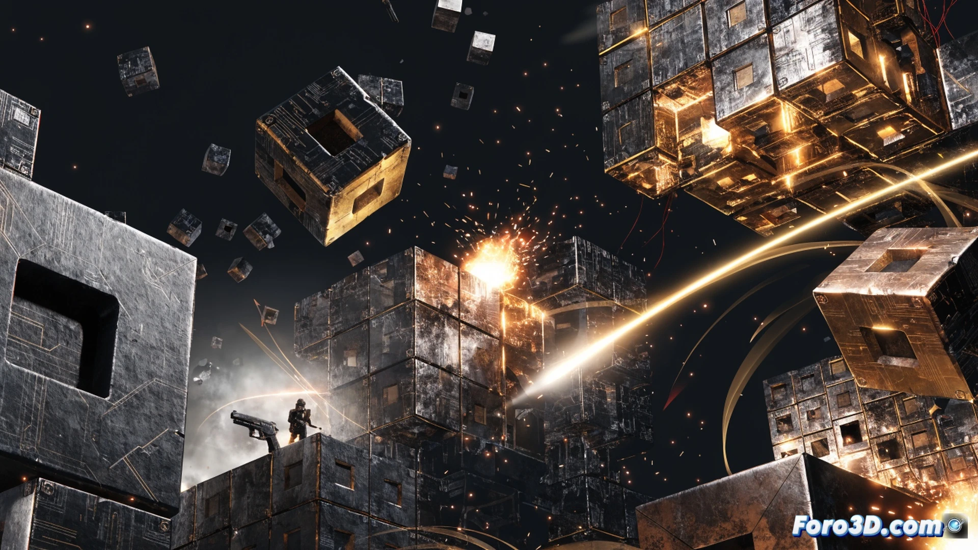 first-person shooter scene inside a blue-grey cube arena, player character frozen mid-action while aiming a futuristic rifle, time-pause effect shown by suspended bullet trails and floating debris, destructible cubes exploding into fragments around the player, Mode 7 tactical interface with grid lines and frozen enemy silhouettes, cinematic technical visualization, glowing orange impact markers, volumetric lighting through broken walls, realistic metallic cube textures, particle effects frozen in space, dramatic high-contrast lighting, photorealistic engineering render
