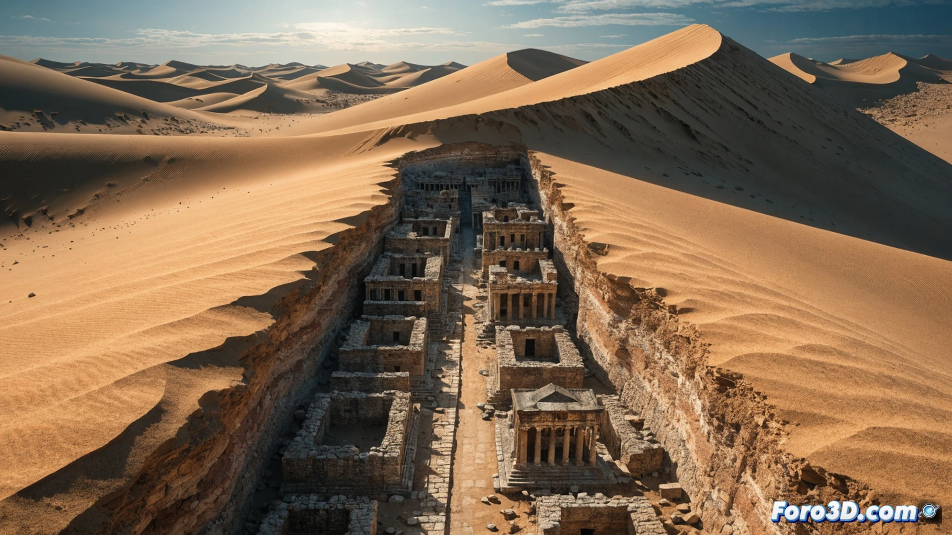 Roman city of Timgad emerging from desert sand, archaeologists uncovering a perfectly preserved stone grid street, workers brushing away centuries of dust from marble columns and temple walls, golden sunlight casting long shadows across excavated forums and arches, technical illustration showing layered sediment removal, photorealistic archaeological visualization, ancient Roman architecture frozen in time, dramatic desert landscape with excavation tools and measuring equipment scattered around, ultra-detailed stone textures, cinematic lighting with warm amber tones