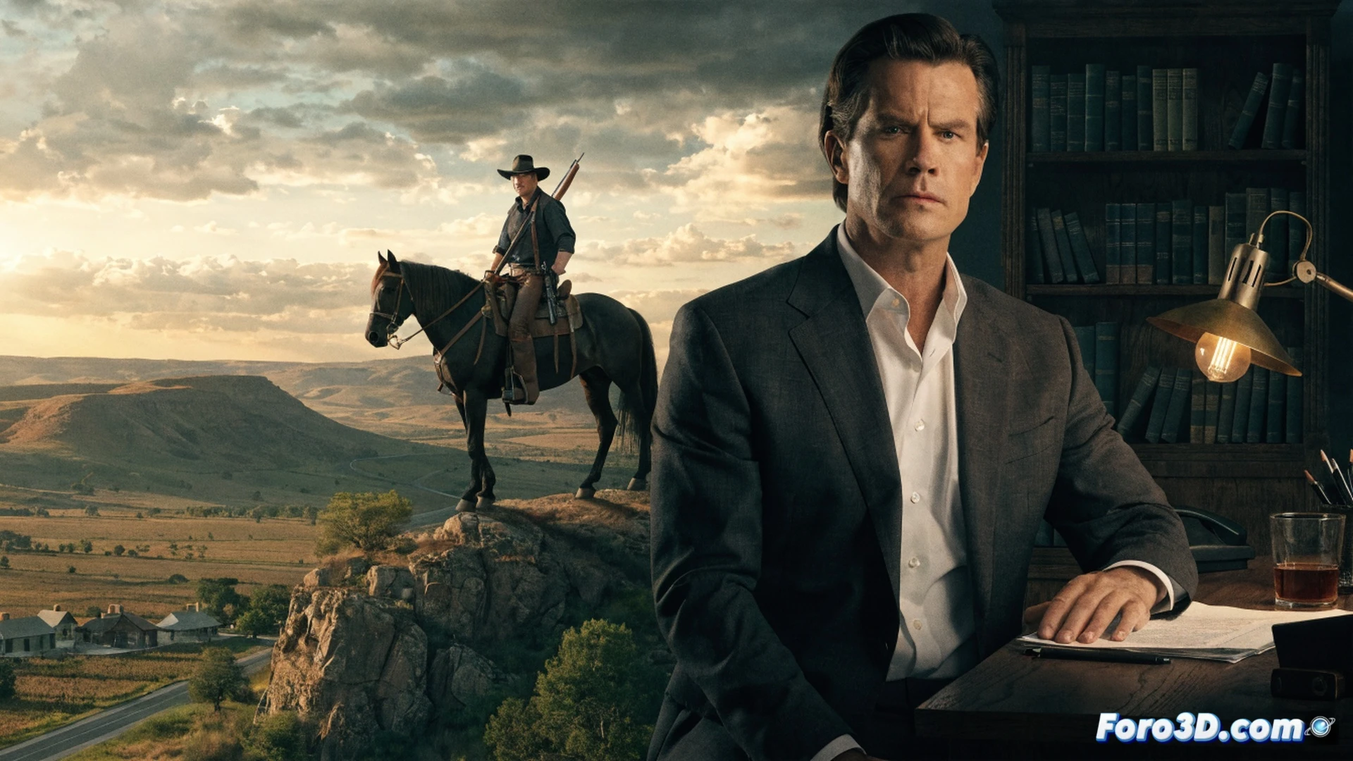 Timothy Olyphant en un paisaje desértico al atardecer, sosteniendo una linterna táctica apuntando a una figura sospechosa detrás de un vehículo todoterreno, mientras sostiene una pistola semiautomática con silenciador, mostrando acción de persecución nocturna, polvo levantado por neumáticos, luces de faros LED iluminando arbustos secos, estilo cinematográfico photorealistic, dramatismo western moderno mezclado con tensión policial, composición con gran angular, sombras duras y destellos de flash