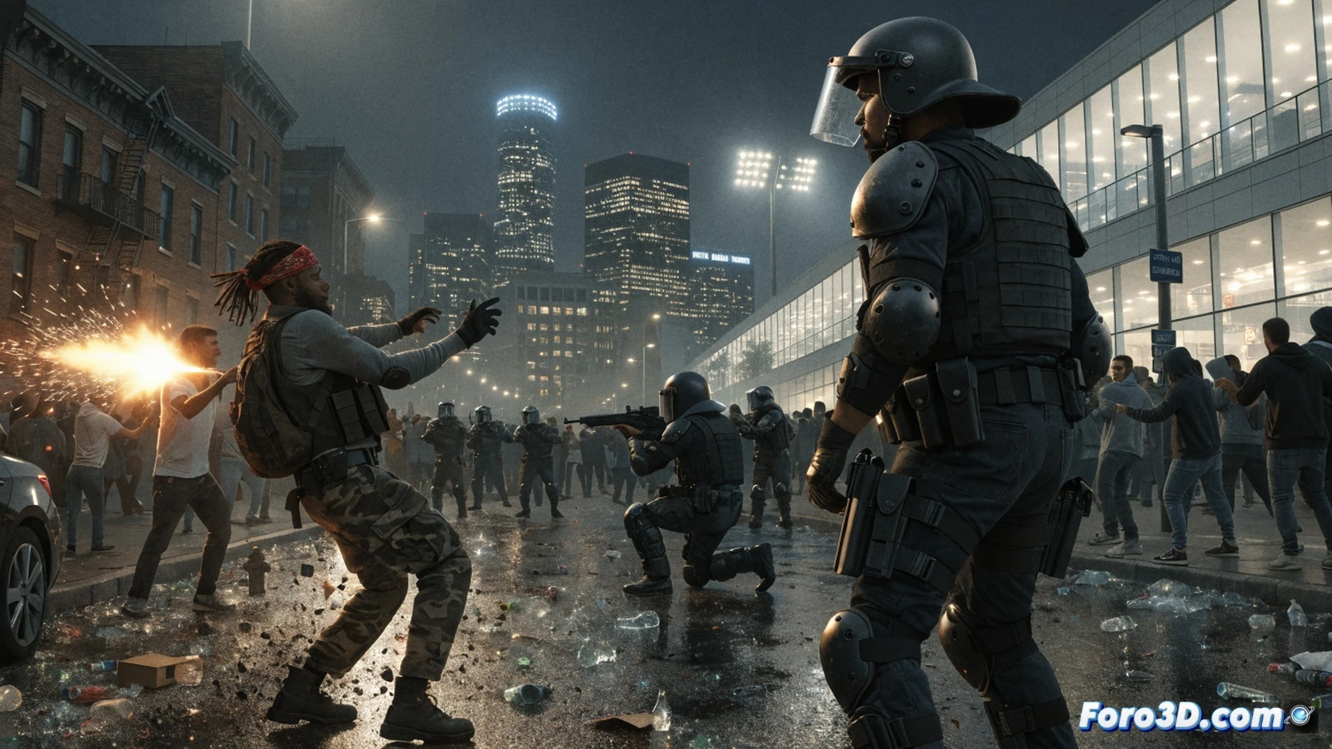 cinematic aerial view of a stadium construction site at dusk, security barriers being hastily installed around perimeter fencing while a single bullet casing lies on a cracked sidewalk in the foreground, workers in hard hats and reflective vests standing idle, surveillance cameras mounted on poles pointing away from the street, floodlights casting harsh shadows across empty bleachers, photorealistic architectural visualization, gritty urban texture, contrast between polished event infrastructure and neglected public space, dramatic low-angle lighting, hyper-detailed metal surfaces and concrete details