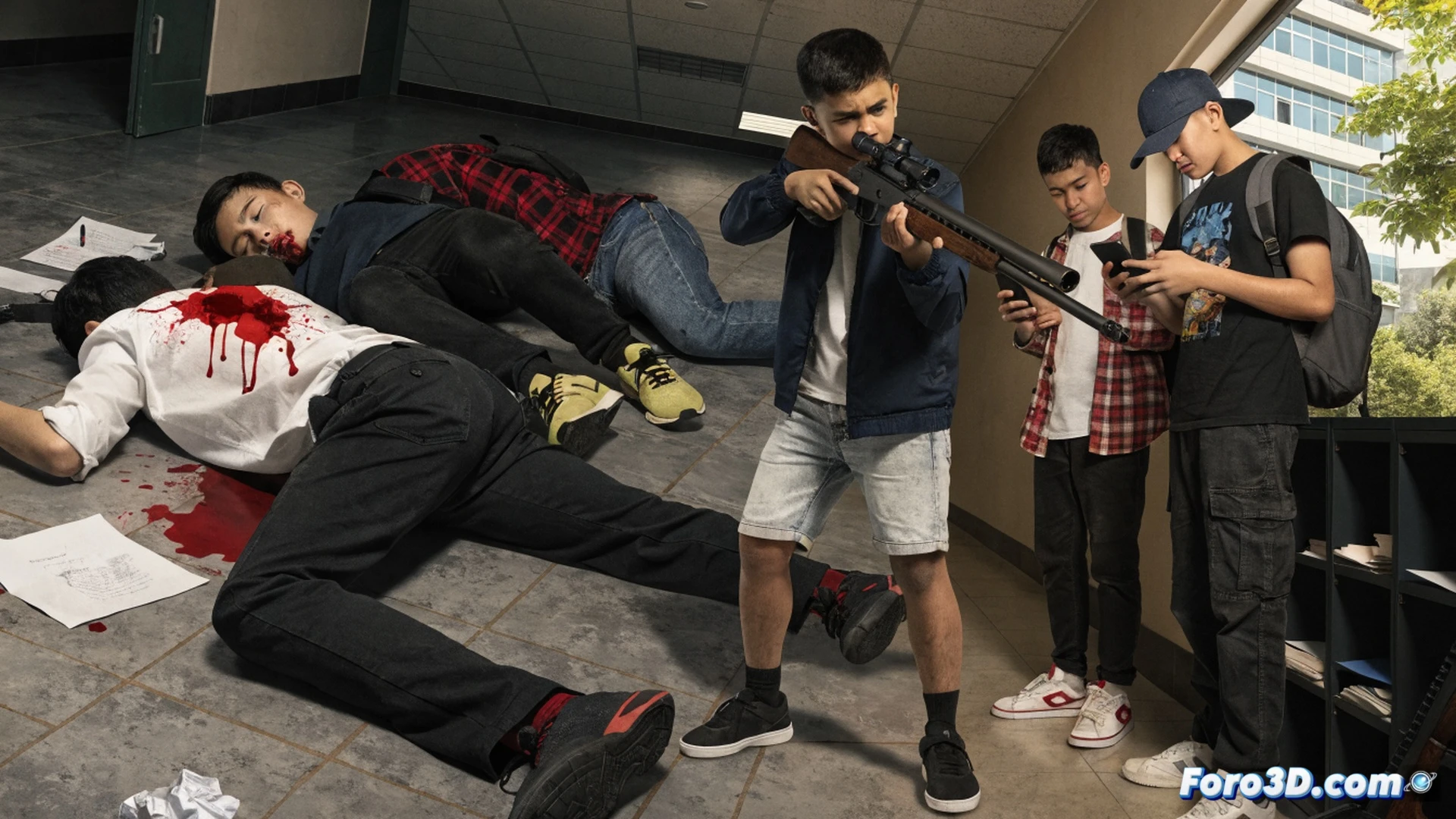 two teenage boys in school uniforms crouching behind lockers in a dimly lit hallway, one holding a black handgun while the other scrolls a phone showing violent online content, a third student lying injured near scattered books, bullet holes in wall tiles, broken glass on floor, security camera with red blinking light in corner, heavy shadows, cinematic photorealistic style, dramatic side lighting from emergency exit sign, tense action frozen in mid-motion, hyper-detailed textures of concrete and metal, realistic skin tones and fabric wrinkles, wide-angle lens effect