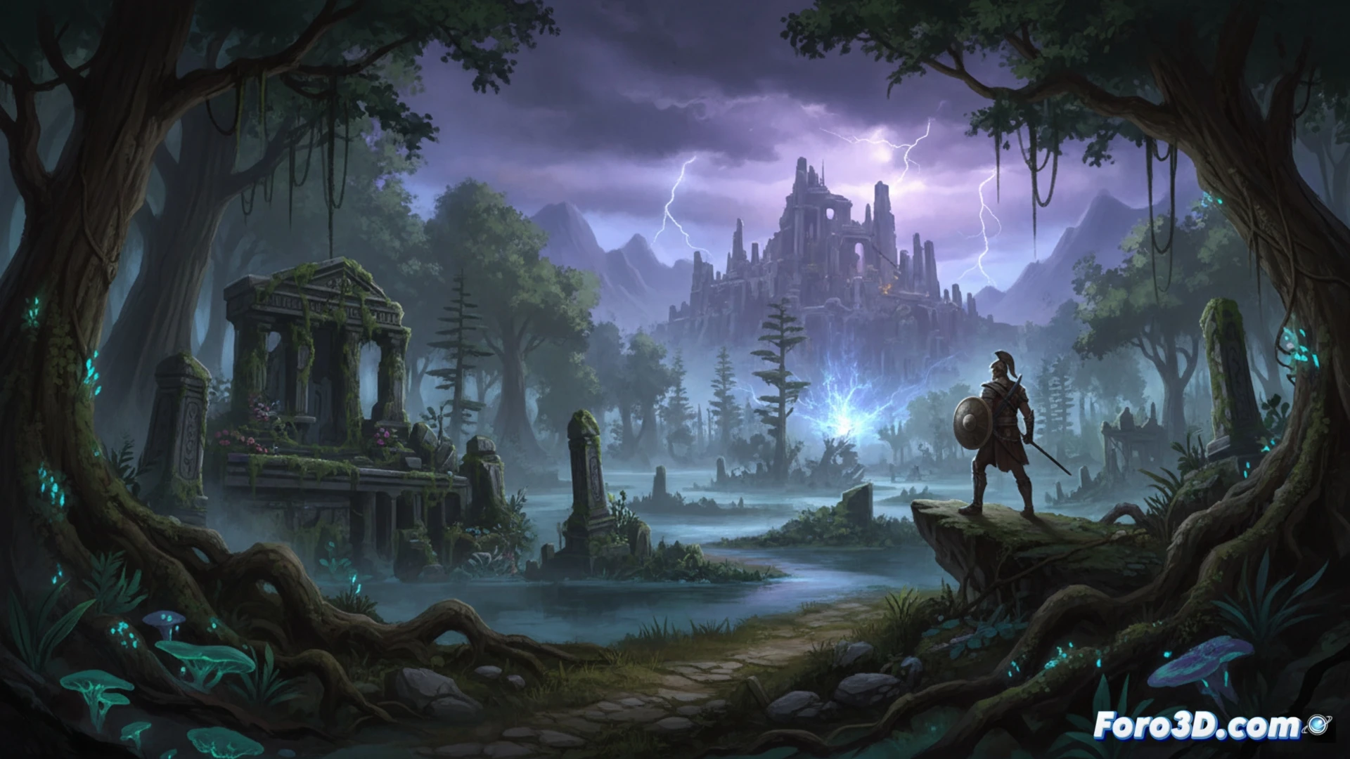 an ancient forest merging with a swamp, crumbling temple ruins half-submerged in murky water, a warrior in bronze armor raising a glowing spear while stepping onto a stone bridge, vines and roots twisting around broken pillars, mist rising from the marsh, distant lightning illuminating a colossal statue of Nemesis in the background, cinematic fantasy action scene, dynamic lighting with deep greens and golden highlights, photorealistic game concept art, ultra-detailed foliage and stone textures, dramatic atmospheric perspective