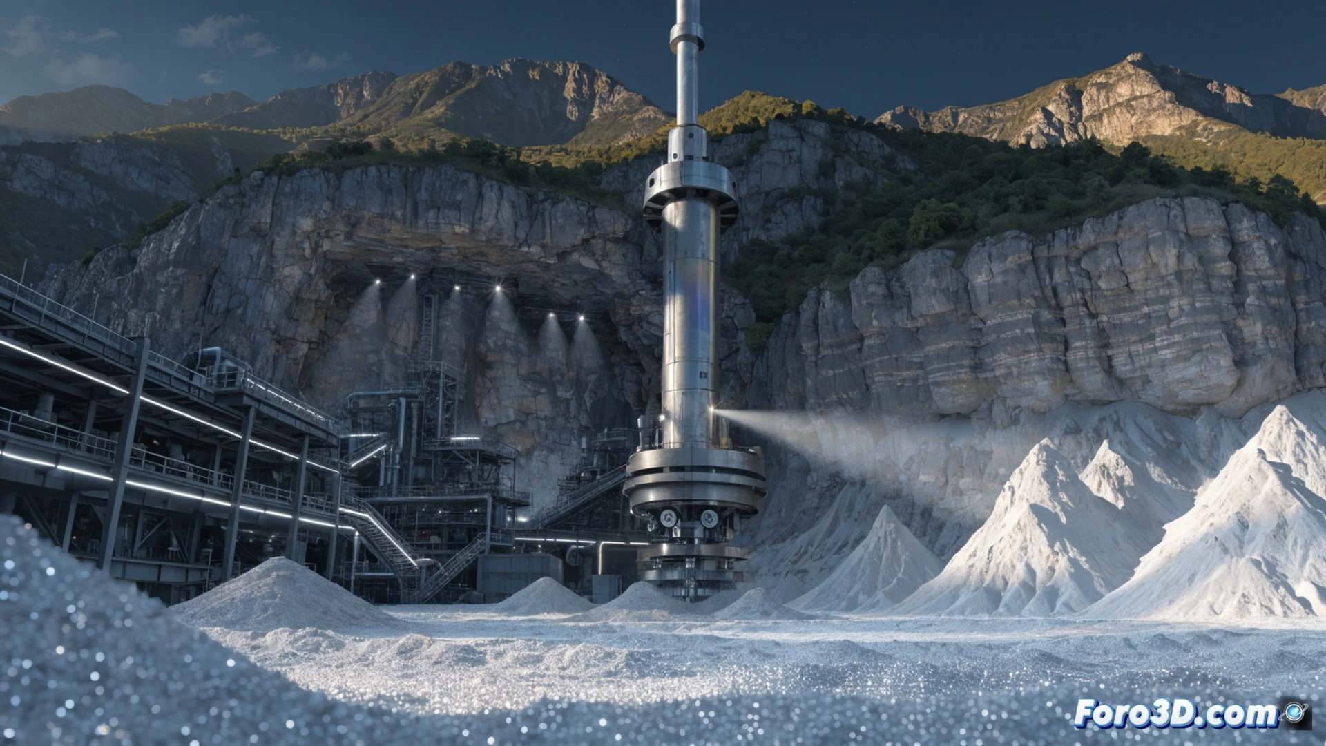 Industrial extraction site in Tennessee hills, drilling rig actively excavating titanium ore from layered rock face, conveyor system moving crushed material to processing unit, nearby facility converting ore into fine metallic powder, glowing streams of titanium particles flowing through sealed pipes, American flag on equipment, workers in protective gear monitoring control panels with data screens, photorealistic engineering visualization, bright daylight, dust clouds from excavation, steel structures and industrial silos, ultra-detailed machinery, cinematic industrial lighting