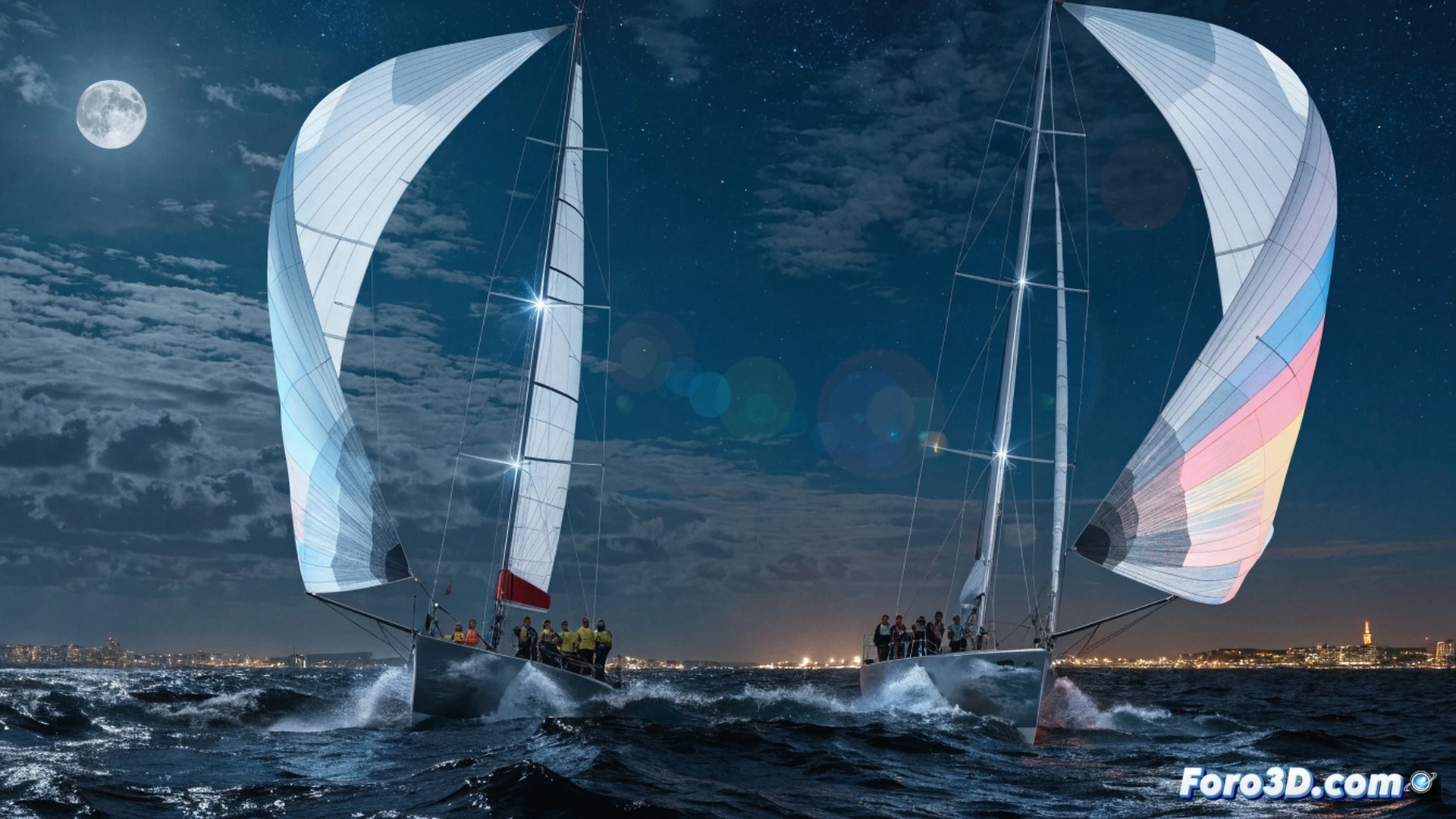 Velero Titia cortando olas a estribor supera al Bribón por una eslora, velas hinchadas con viento fuerte, espuma blanca salpicando la cubierta de fibra de carbono, timonel ajustando winches de cabos rojos, instrumental de navegación digital mostrando velocidad y rumbo, sol rasante iluminando las jarcias metálicas, photorealistic cinematic marine sports photography, alto contraste entre azul marino y blanco, acción dinámica de regata, detalle técnico de aparejo y hidrodinámica, sin texto