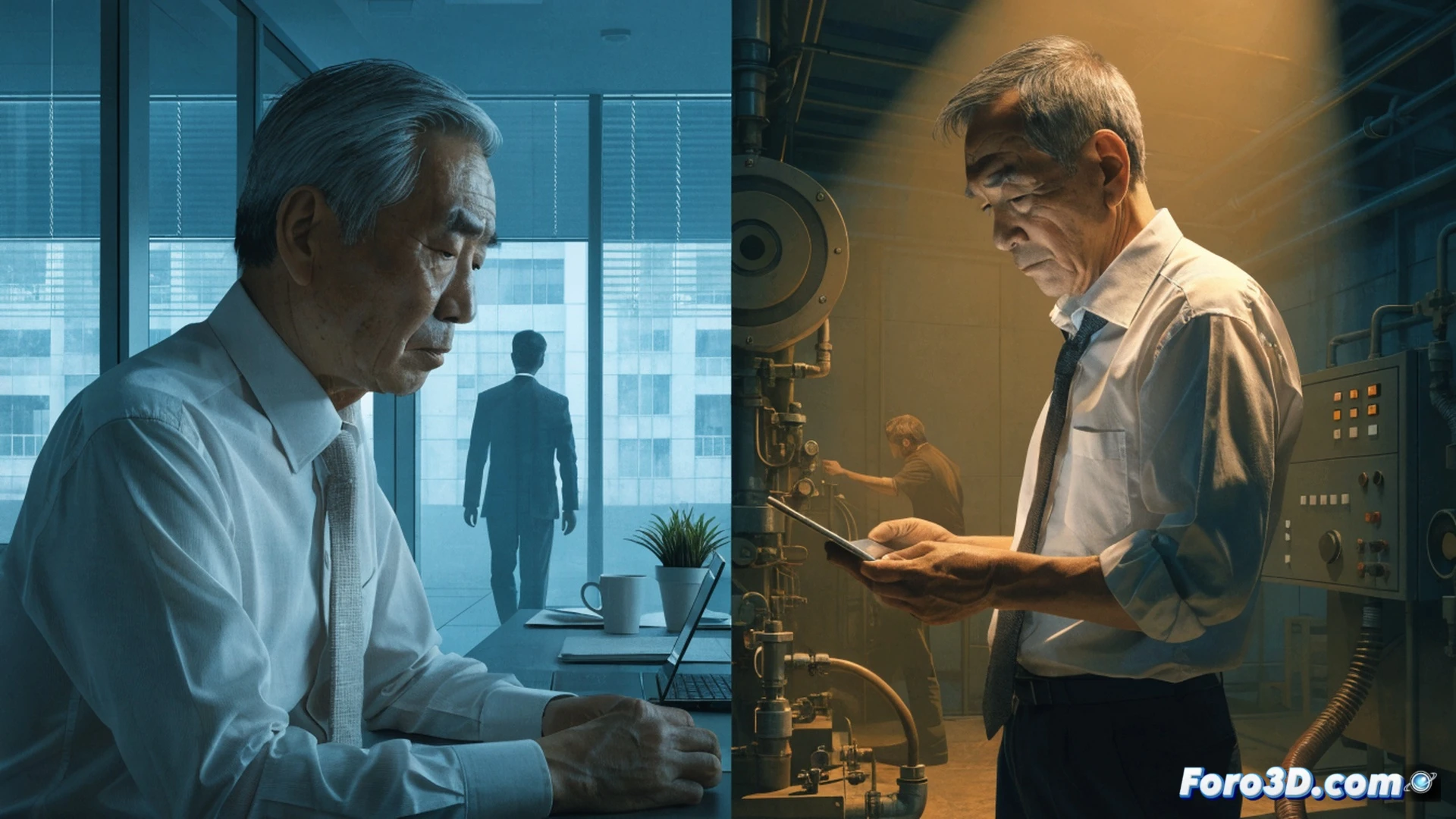 Professional workers in crisp business attire walking through a futuristic Singapore lobby, holding rolled diplomas that crack and fragment like glass, pieces falling away as they pass through a glowing holographic job market display showing shifting demand sectors, older workers with grey hair reviewing tablet screens displaying job alerts while younger colleagues rush past, cinematic photorealistic style, dramatic shadows from vertical LED panels, polished marble floor reflecting fractured documents, tense facial expressions, ultra-detailed fabric textures, cool blue and amber corporate lighting, engineering visualization of workforce transition