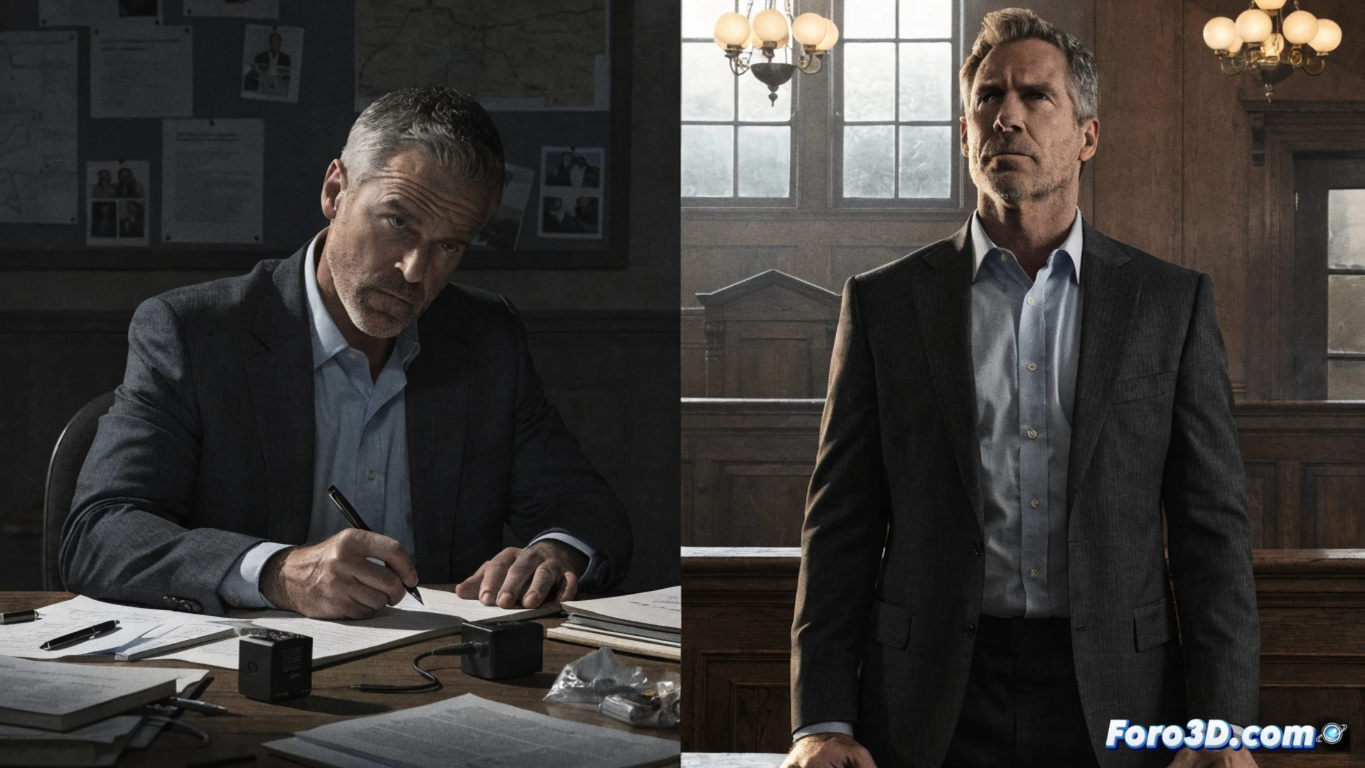 Detective Harry Bosch en un oscuro depósito de pruebas policiales, sosteniendo una linterna sobre una caja de evidencias abierta que contiene un arma de fuego y documentos marcados, mientras detrás una pantalla digital muestra planos de casos activos y sellos de juzgado, acción de revisar pruebas para un futuro testimonio judicial, estilo cinematográfico photorealistic, iluminación dura de foco único, sombras profundas, texturas metálicas y de plástico en las herramientas, ambiente tenso de investigación nocturna, ultra-detallado