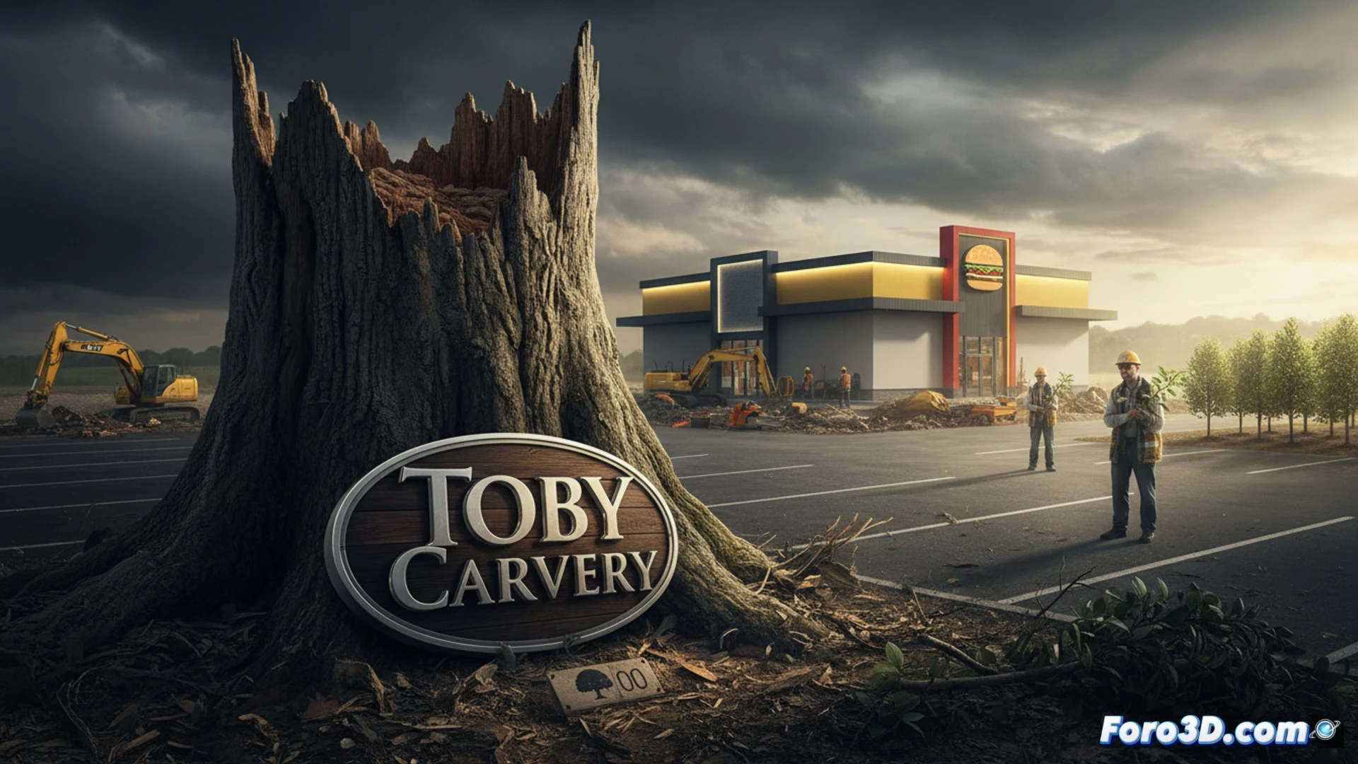 ancient oak tree stump with 500 visible growth rings being chainsaw-cut, fresh sawdust scattering, parked cars in background with asphalt parking lot extending, tree roots exposed and severed, yellow safety tape around construction zone, industrial excavator nearby, dramatic overcast sky, cinematic photorealistic style, deep brown wood grain texture, metallic chainsaw blade reflecting light, crushed leaves and mud on ground, high contrast shadows, ultra-detailed bark and machinery, environmental destruction scene, wide angle lens perspective
