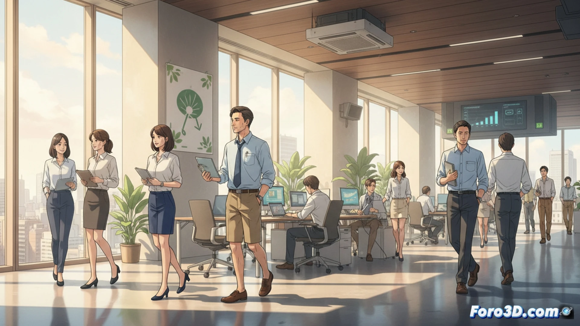 modern office interior in Tokyo, workers wearing tailored shorts and short-sleeve shirts while standing near large windows, sunlight streaming in, digital thermostat on wall showing high temperature, an employee adjusting a desktop fan, another gesturing toward a smart AC unit with power-saving mode display, laptops open with energy consumption graphs, plants on desks for natural cooling, cinematic photorealistic style, warm golden lighting, sweat droplets visible on skin, relaxed professional atmosphere, ultra-detailed textures on clothing and office equipment, dramatic contrast between indoor brightness and shaded areas