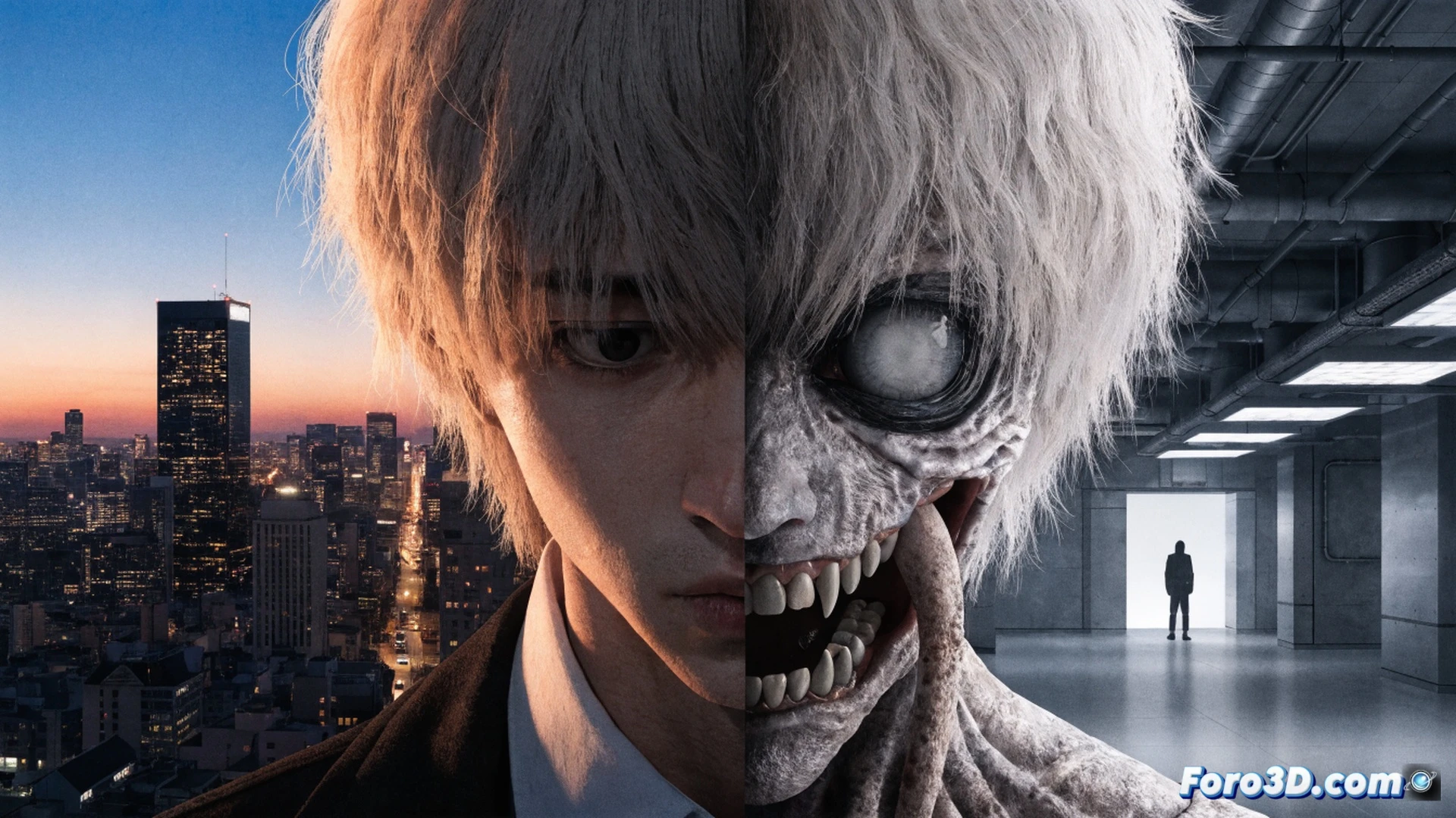 Ken Kaneki a medio transformar, un ojo humano llorando y el otro kakugan rojo brillante, kagune carmesí atravesando su chaqueta mientras una mano humana sostiene un libro caído, al fondo siluetas de ghouls y agentes del CCG con quinques en un callejón de Tokio bajo luces de neón, neblina urbana, estilo cinematográfico oscuro, contraste dramático entre carne y acero, textura de piel y tentáculos, iluminación de farola, photorealistic technical render, alta definición.
