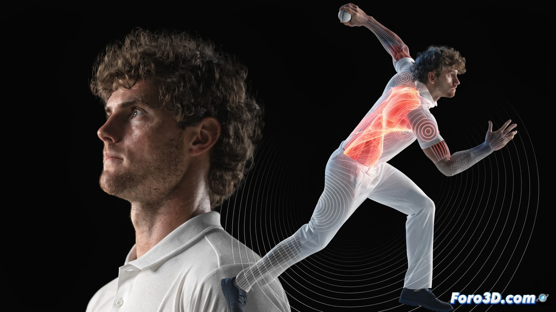Tom Curran in mid-bowling action during volumetric capture, 3D motion-tracking markers on his body and cricket ball, skeletal wireframe overlay showing biomechanical torque in shoulder and hip rotation, high-speed cameras and depth sensors on tripods surrounding the pitch, real-time joint angle data streaming on holographic display, dramatic stadium floodlights, photorealistic technical visualization with blue and orange accent lighting, dust particles suspended in air, ultra-detailed muscle strain visible through semi-transparent skin texture