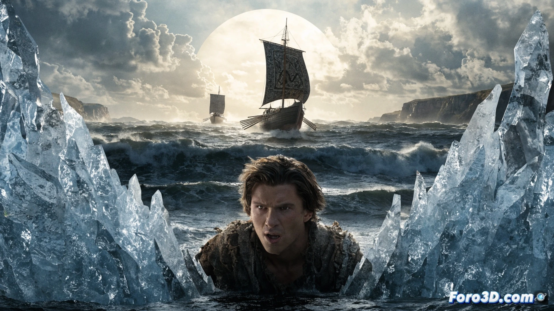 Tom Holland como Odiseo en cubierta de barco griego, empuñando una espada oxidada mientras una tormenta desgarra velas y cabos, olas rompiendo contra el casco de madera, fragmentos de cerámica y astillas volando en el aire, mostrando su transición del traje de araña a la épica mitológica, iluminación de rayos y fuego en el horizonte, metales antiguos y cuerdas deshilachadas en primer plano, estilo cinematográfico fotorrealista, composición dramática con acción visible durante la tormenta, proceso de transformación heroica, sin texto ni números en la imagen.