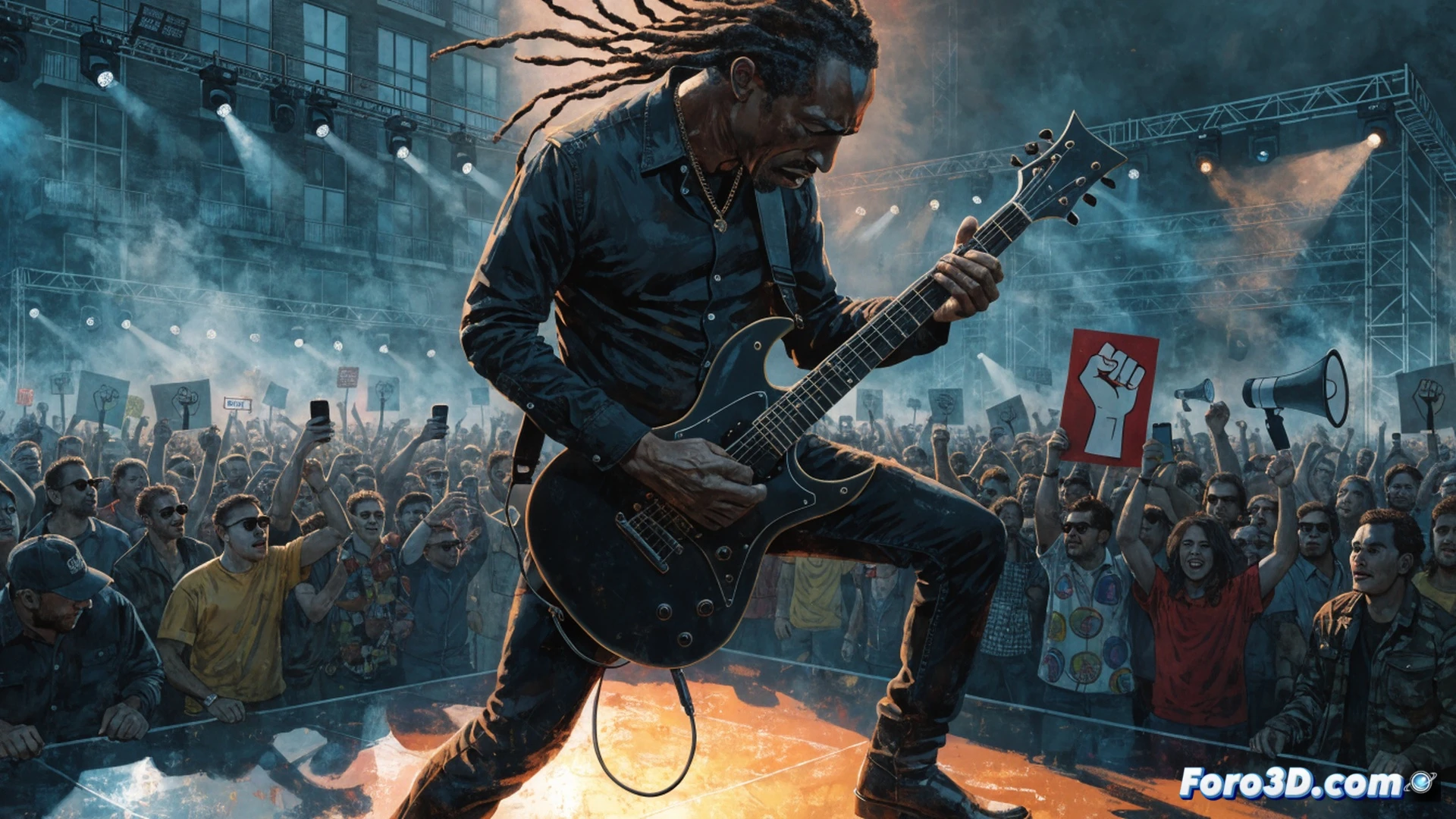 Tom Morello en una plataforma iluminada de festival, ejecutando un riff de guitarra distorsionado mientras proyecta sombras de puños en alto sobre una multitud, su guitarra eléctrica con pastillas visibles y cuerdas en vibración, un amplificador de válvulas retroiluminado emite ondas de calor distorsionadas, cables de instrumento serpenteando sobre el escenario, fondo con pantallas LED mostrando estática y símbolos de protesta abstractos, humo escénico rojo y azul, cinematografía dramática con grano de película, iluminación de concierto de alto contraste, estilo fotorealista con desenfoque de movimiento en la muchedumbre.