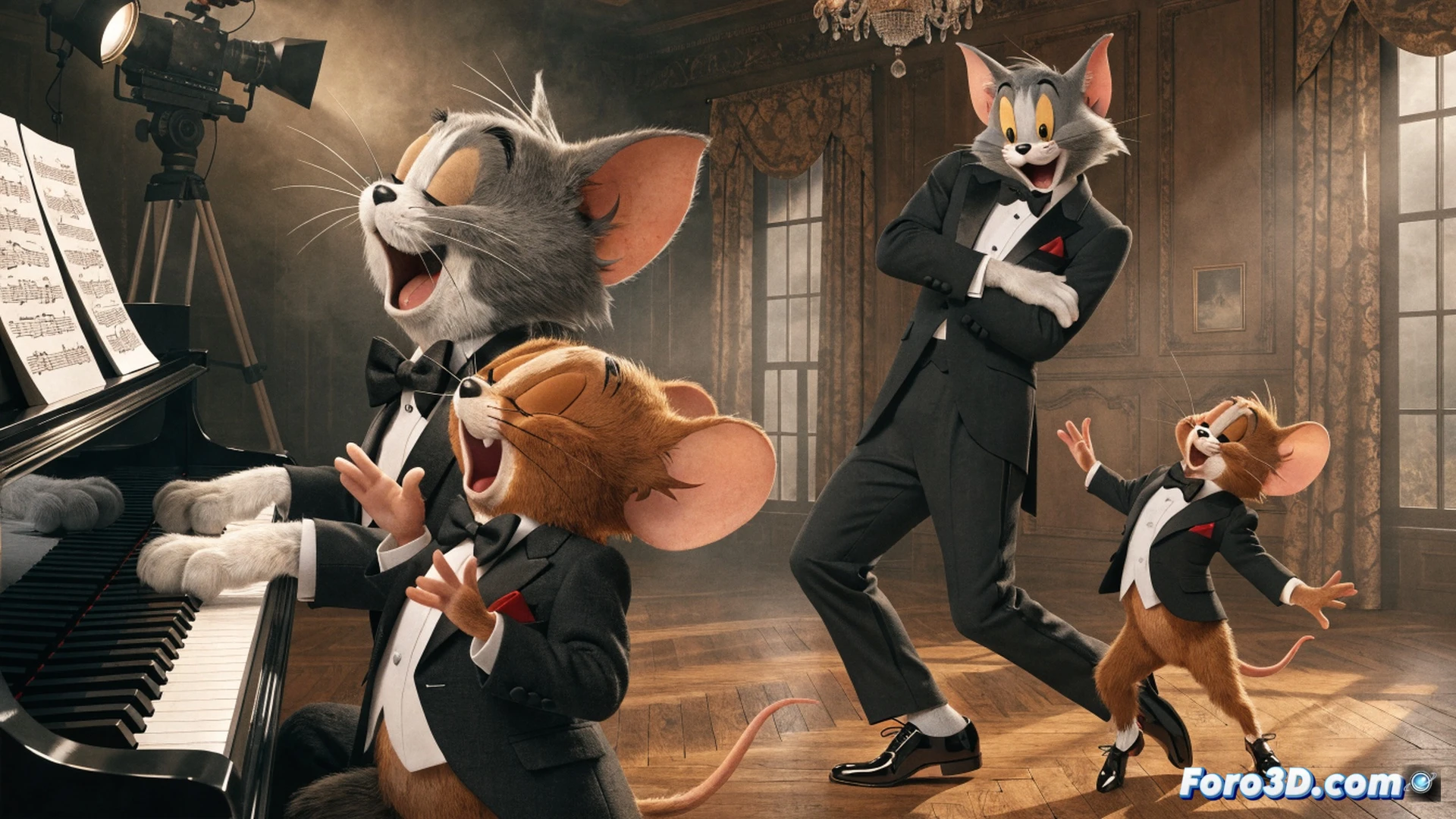 classic black-and-white cat and mouse silhouetted against a glowing Los Angeles sunset, Tom playing a trumpet on a rooftop while Jerry dances on a miniature piano keyboard, both characters casting long shadows, romantic musical scene with heart-shaped musical notes floating between them, cinematic lighting with warm amber and cool blue contrast, photorealistic illustration style, dramatic clouds in the sky, city skyline blurred in background, action showing their playful rivalry transformed into tender choreography, emotional tension during the performance, ultra-detailed fur textures and instrument reflections