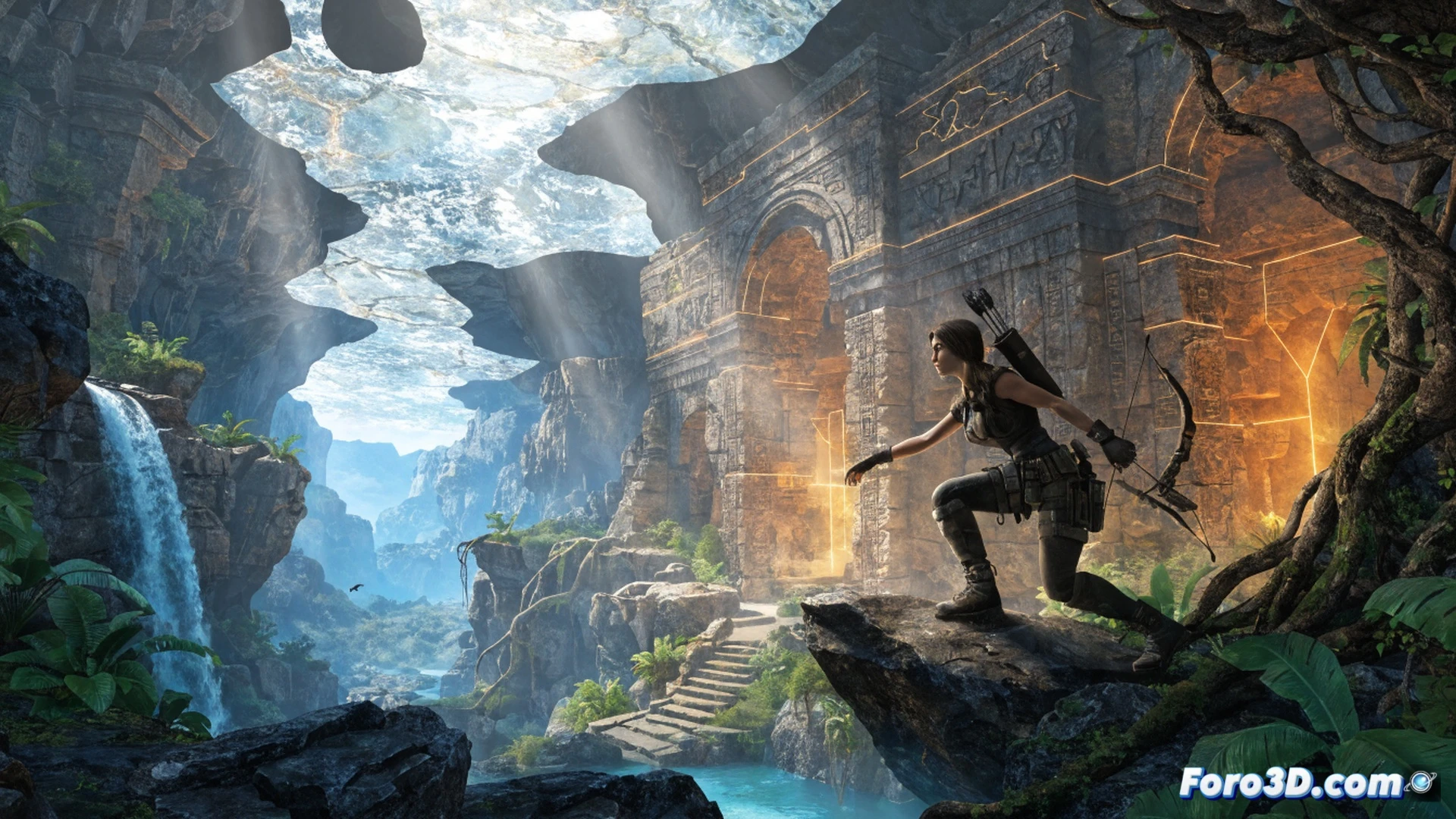 Lara Croft ajustando un mecanismo de piedra en una cámara submarina iluminada por antorchas, mostrando un panel de interfaz holográfico con tres controles deslizantes etiquetados como combate, exploración y acertijos, mientras un pilar dorado se eleva lentamente al fondo, con engranajes visibles y grietas en las paredes de roca, durante una secuencia de acción donde elimina una guía de pintura amarilla de una cornisa, estilo cinematic photorealistic, iluminación dramática azul y naranja, texturas de ruinas antiguas, sombras profundas, ultra-detallado.