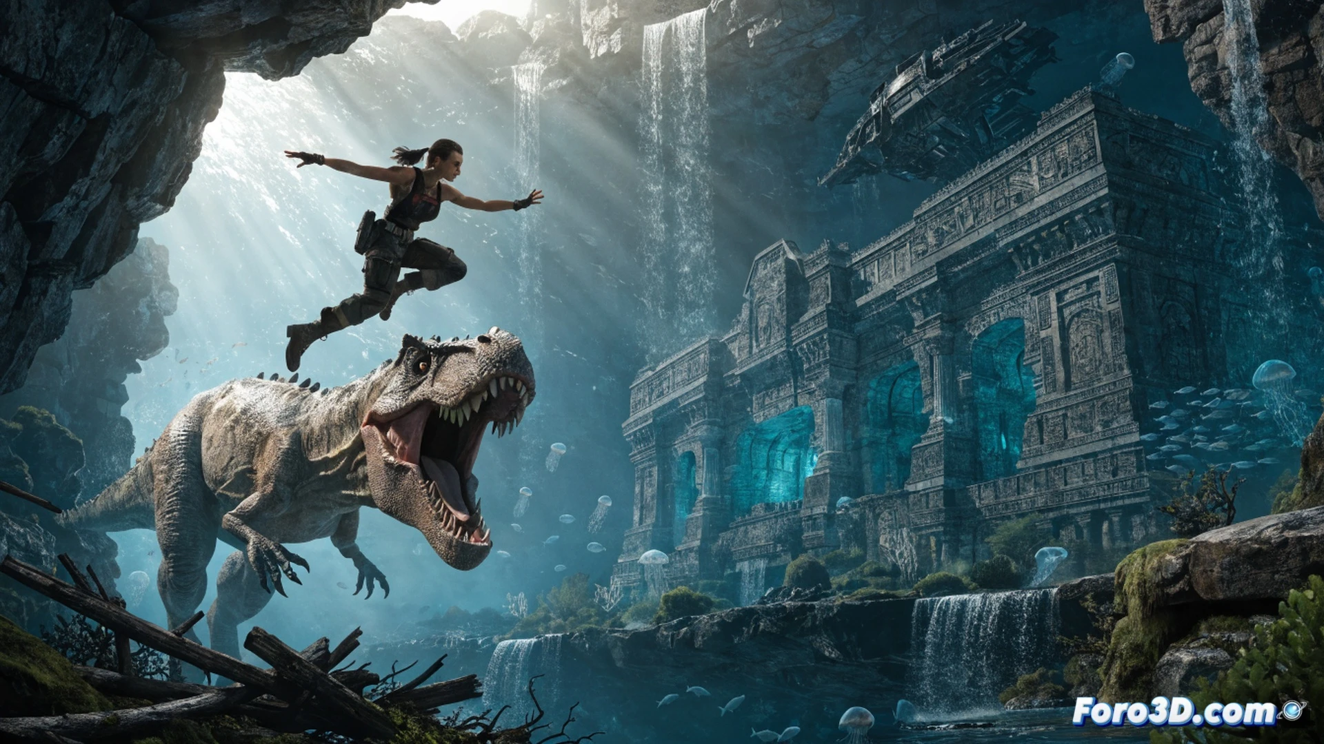 ancient stone temple interior with Lara Croft mid-air backflip dodging a T-Rex attack, dinosaur jaws snapping near her braid, classic dual pistols firing with muzzle flash, crumbling Atlantean pillars and moss-covered ruins, modern photorealistic lighting with volumetric god rays through broken ceiling, particle debris floating in dust-filled air, character model with updated tactical gear but iconic blue tank top and shorts, action-packed cinematic composition, dynamic motion blur on swinging tail, high-contrast dramatic shadows, ultra-detailed stone textures and organic scales, Unreal Engine 5 style real-time render