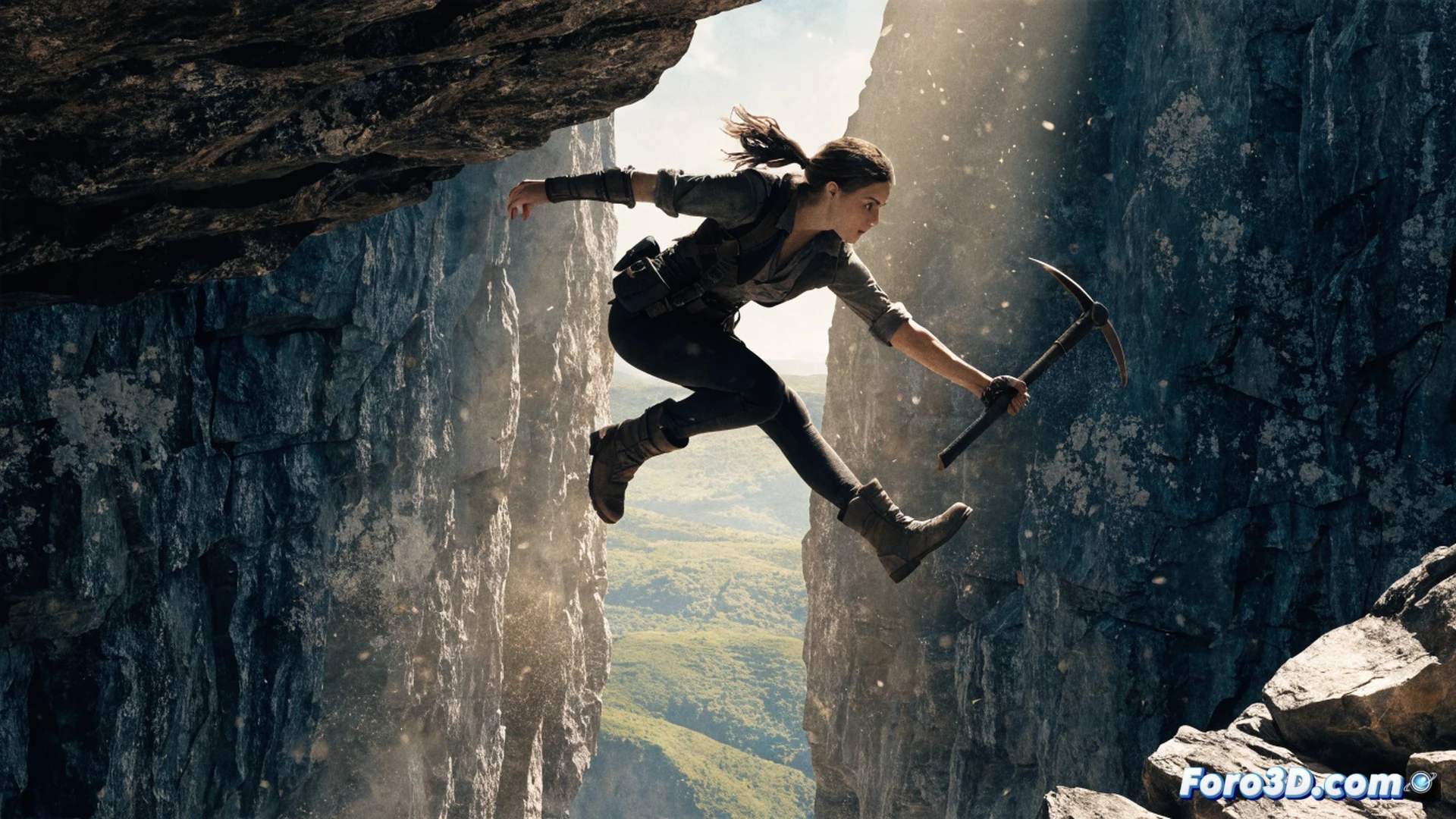 Sophie Turner como Lara Croft en una selva densa, saltando desde una cornisa de piedra mientras dispara dos pistolas hacia un templo en ruinas, enredaderas y polvo levantándose durante la acción, destellos de balas impactando en paredes de piedra con jeroglíficos, mochila técnica con herramientas de escalada y un GPS antiguo visible, iluminación dramática de atardecer filtrándose entre los árboles, estilo cinematic photorealistic, texturas detalladas de ropa táctica y vegetación, cámara en ángulo bajo mostrando el movimiento dinámico, render técnico de alta fidelidad para serie de Prime Video