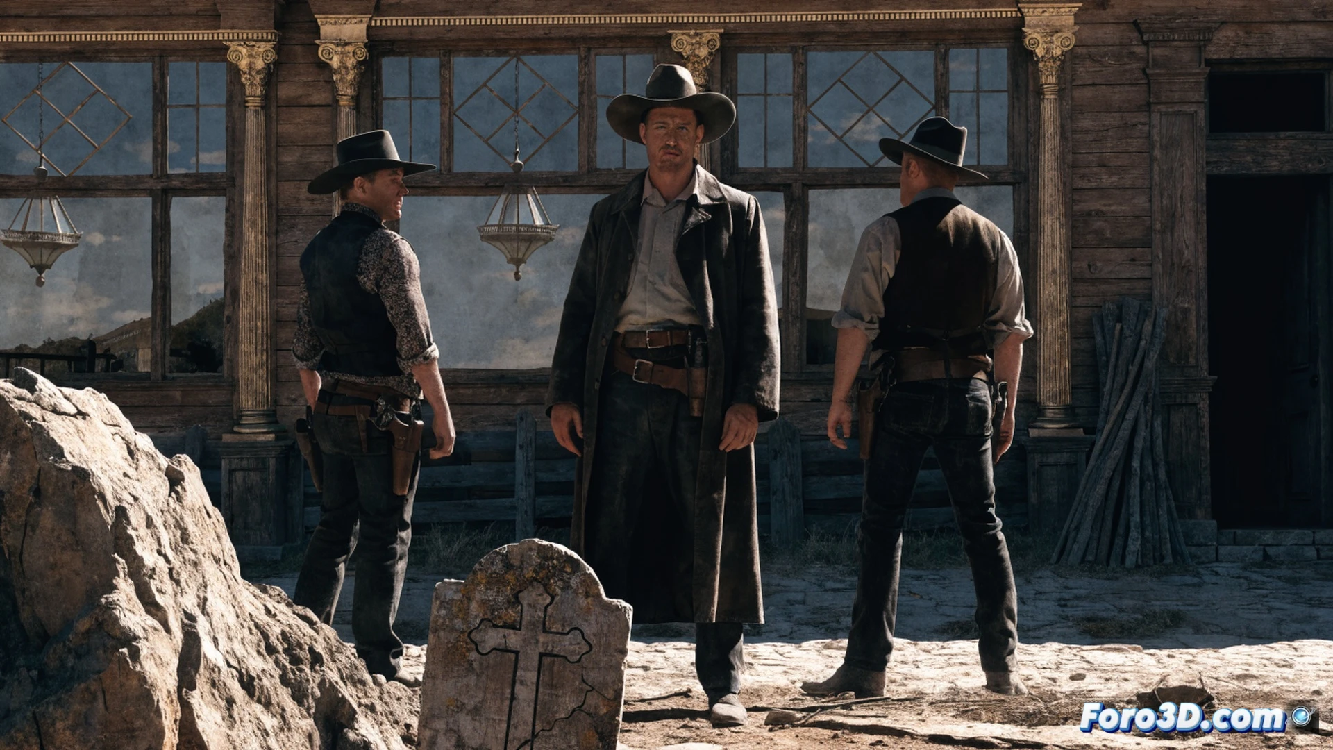 Old west saloon interior during a chaotic gunfight, a dusty mechanical clock on the wall showing hands spinning wildly out of control, a lone woman in period dress frozen in the background as a static decorative mannequin, men in cowboy hats drawing pistols mid-action, film editing equipment visible on a table with a cracked monitor displaying a fast-forward timeline, cinematic photorealistic style, dramatic shadows from swinging saloon doors, sepia-toned lighting with harsh tungsten highlights, worn wooden floorboards with bullet holes, technical illustration of narrative imbalance, ultra-detailed textures, slow-motion dust particles suspended in air