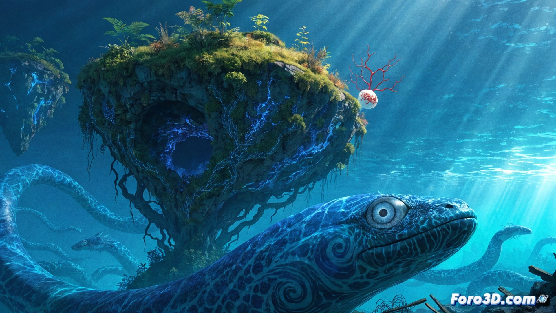 island exploration scene in Tomo Endless Blue, player character on a floating island edge during sunset, holding a glowing artifact while a winged creature lands beside them, distant islands with ruins and waterfalls visible, Switch 2 console placed on a rock nearby with its screen showing the same game world, controller in player hand, action of summoning a creature from a glowing orb, cinematic fantasy illustration, soft golden lighting, vibrant blue ocean below, misty clouds between islands, photorealistic render with painterly textures, detailed flora and ancient stone structures, calm adventure atmosphere