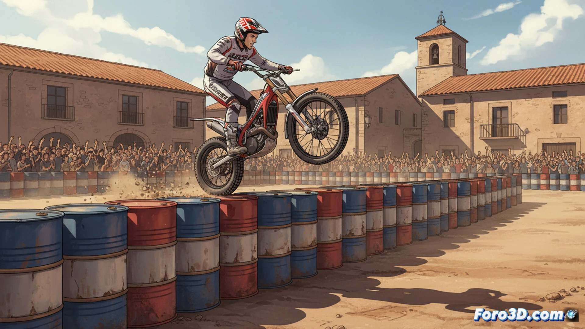 Toni Bou realizando un caballito sobre la rueda trasera de su moto de trial, saltando una fila de 53 bidones metálicos azules colocados en el suelo, moto inclinada en equilibrio dinámico, rueda delantera elevada, neumáticos con tacos de trial, polvo levantado durante el salto, público al fondo en Piera, luz solar de tarde, sombras largas, estilo cinematográfico fotorrealista, alta definición, acción congelada mostrando el momento exacto del salto sobre el último bidón.