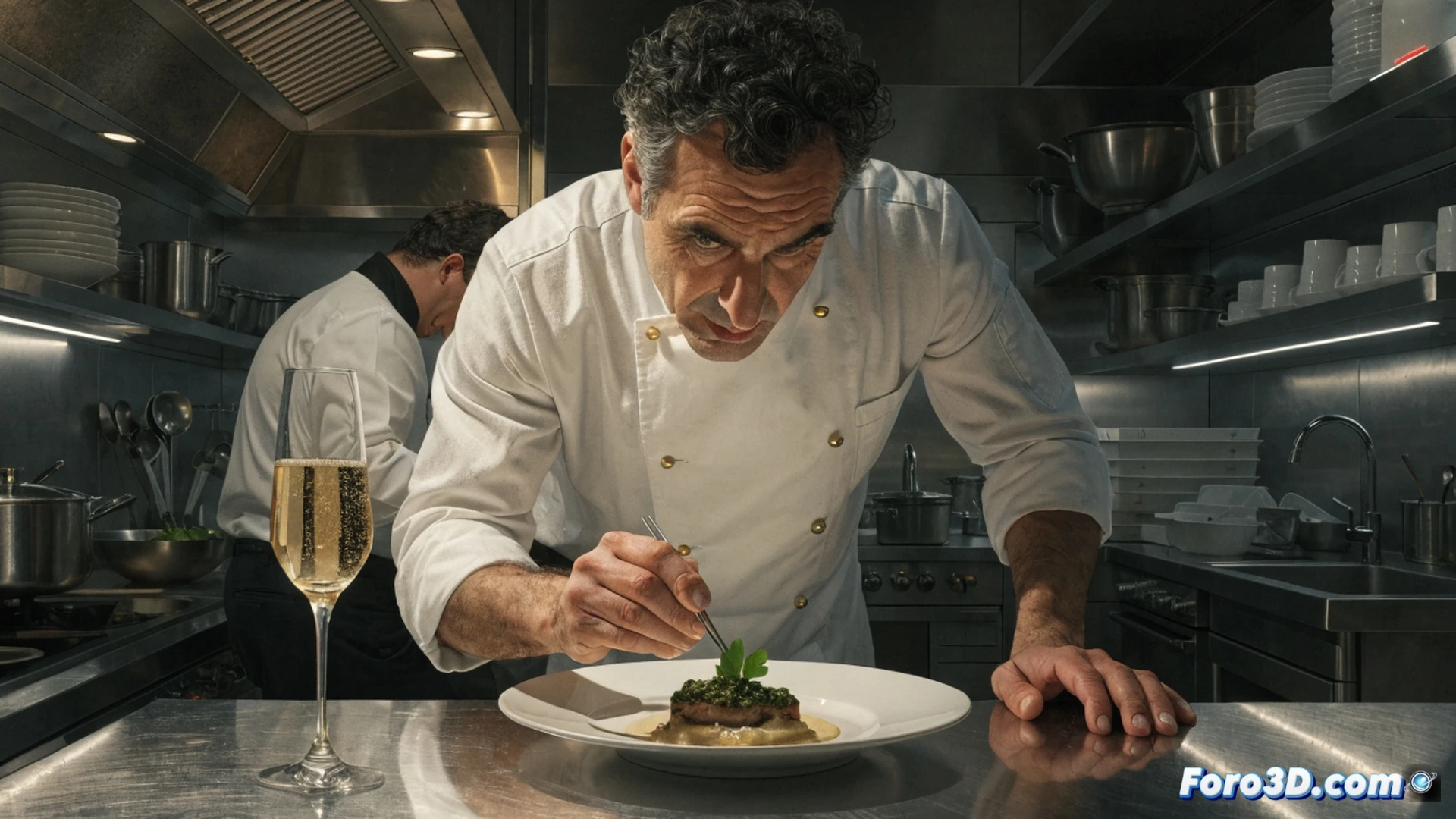 Chef Tonino Valiente en cocina abierta del restaurante Tatau Huesca, manos colocando microvegetales sobre plato deconstruido con espuma de trufa negra, cuchillo japonés y soplete de precisión sobre fondo de horno de leña y barra de mármol, durante emplatado técnico, mostrando salpicaduras de aceite de oliva virgen extra y vapores ascendiendo, estilo cinematográfico hyperrealista, iluminación cálida de estudio con sombras marcadas, texturas de acero inoxidable y madera envejecida, bokeh suave en vajilla artesanal, fotografía gastronómica técnica ultra detallada