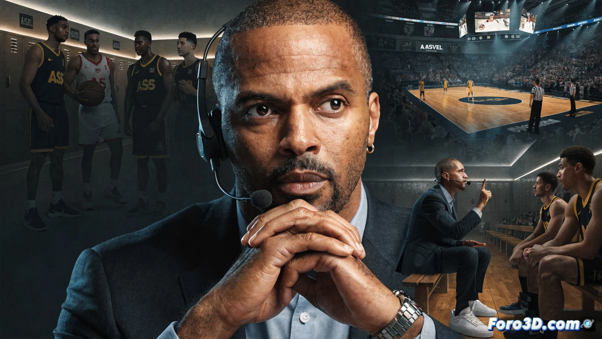 Tony Parker en el centro de un gimnasio de baloncesto, gesticulando instrucciones tácticas a jugadores del ASVEL durante un tiempo muerto, pizarra blanca con diagramas de jugadas visibles, iluminación intensa de la cancha contrastando con sombras profundas, sudor y tensión en los rostros, balones y botellas de agua esparcidos, estilo cinematográfico fotorrealista, texturas de madera y metal pulido, movimiento congelado en plena acción estratégica