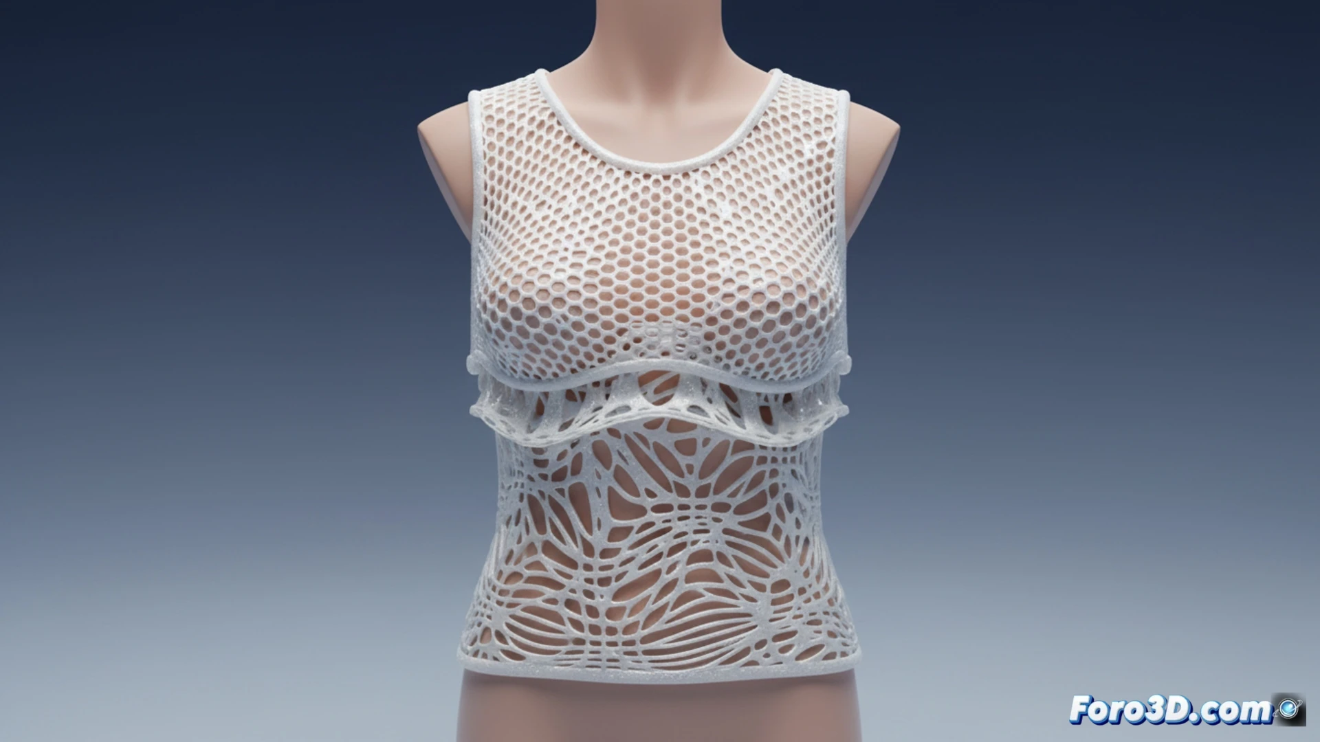 Top impreso en 3D con malla hexagonal exterior y capa interior de celosía ondulante, diseño de verano