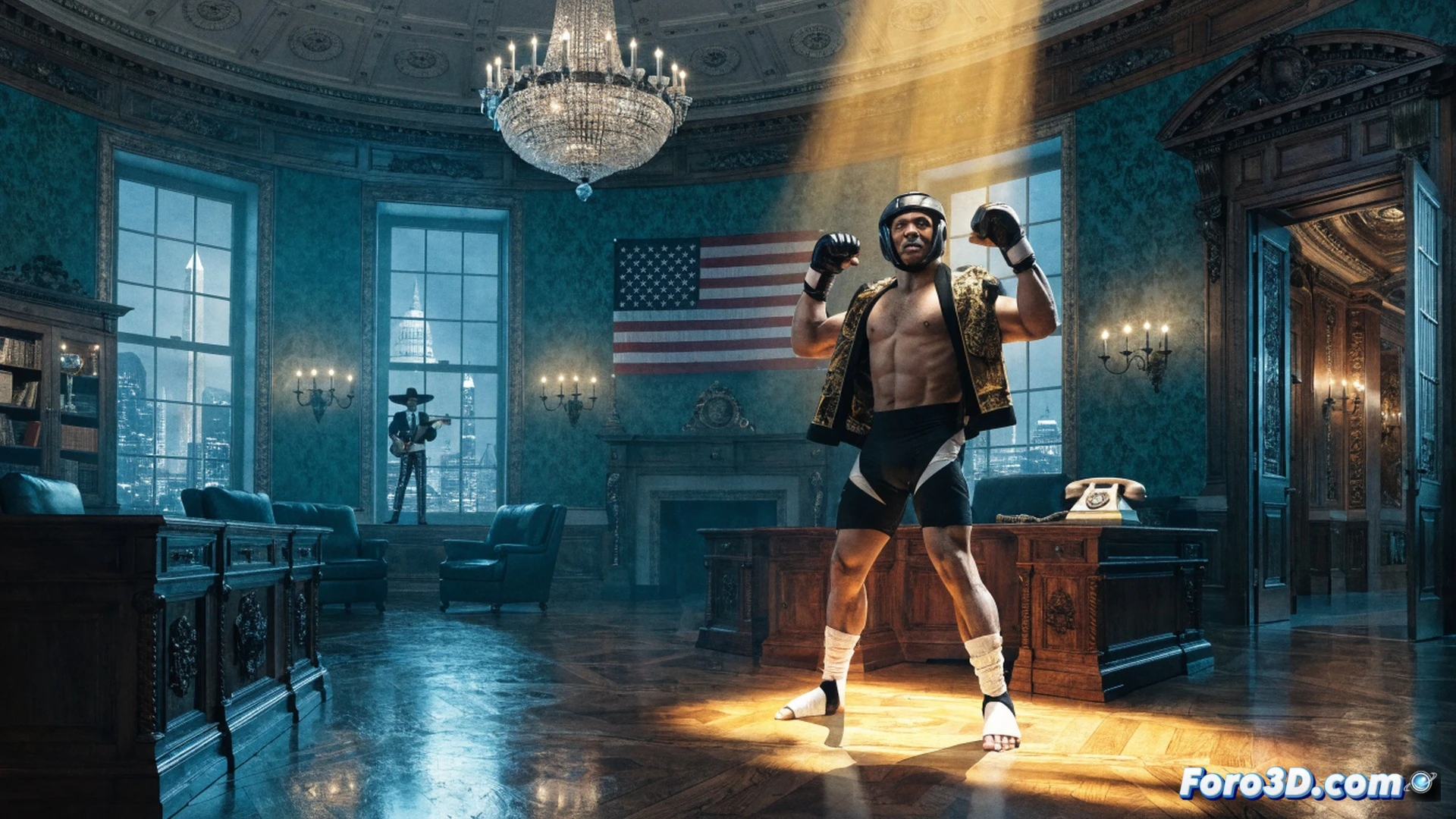 Iluminación crepuscular sobre el Jardín Sur de la Casa Blanca, luchador hispanogeorgiano en postura de combate dentro de un octágono, botas de cuero negro pisando el césped, altavoces profesionales de sonido emitiendo ondas acústicas visibles, cinturón de campeonato con detalles metálicos brillando bajo reflectores, cables de micrófono y equipos de grabación en primer plano, cámara de video profesional sobre trípode capturando el momento, fondo con columnas blancas y ventanas iluminadas de la mansión presidencial, estilo cinematográfico photorealistic, profundidad de campo reducida, texturas de tela del uniforme y césped natural visibles, celebración deportiva en entorno institucional