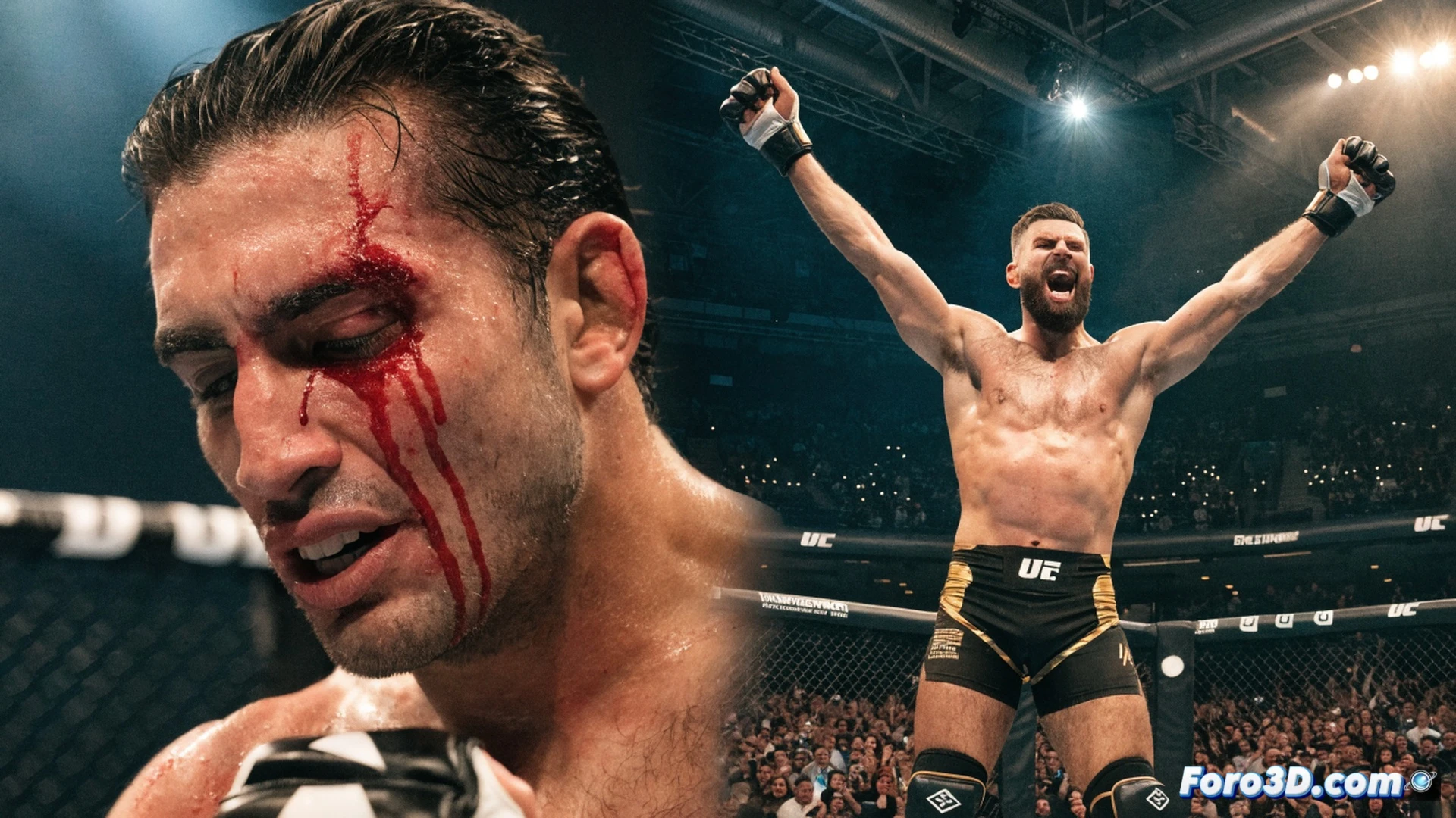 UFC octagon central en Washington DC, Ilia Topuria con el ojo derecho sangrando por un corte profundo, Justin Gaethje lanzando un gancho de izquierda mientras Topuria retrocede con visión limitada, sangre cayendo sobre el suelo del octágono, Donald Trump visible entre el público en primera fila, estilo cinematográfico photorealistic, iluminación dramática de arena deportiva, sudor y sangre en los guantes, músculos tensos durante el impacto, cámara lenta con desenfoque de movimiento, alta definición técnica, detalle extremo en la textura de la piel y las fibras del octágono
