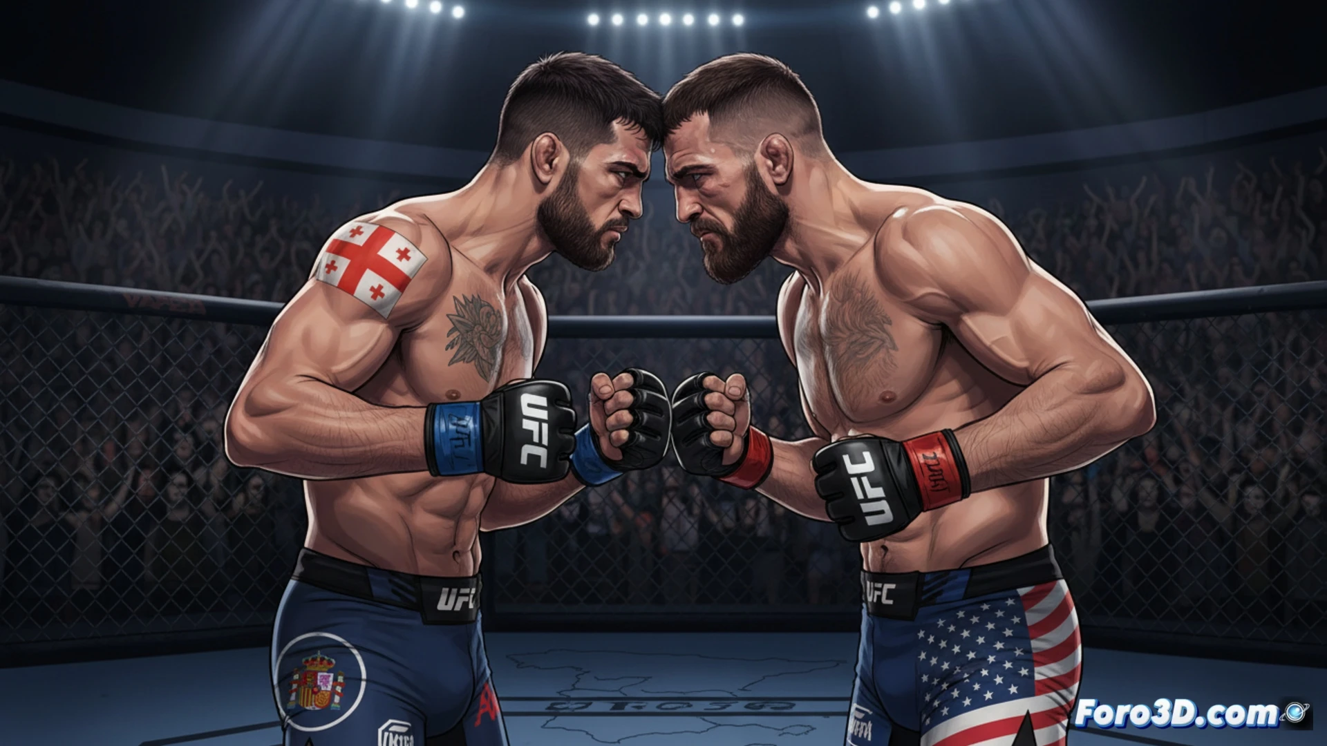 UFC octagon central, Ilia Topuria en acción lanzando un gancho de izquierda mientras Justin Gaethje esquiva hacia atrás, sudor y gotas de impacto congeladas en el aire, engranajes metálicos del ring visibles en primer plano, cronómetro digital borroso al fondo, focos de alta potencia creando sombras duras, fotografía deportiva cinemática, textura de lona con logotipo de UFC, músculos tensos y vendajes en puños, profundidad de campo reducida, iluminación dramática de estadio, render fotorrealista de combate
