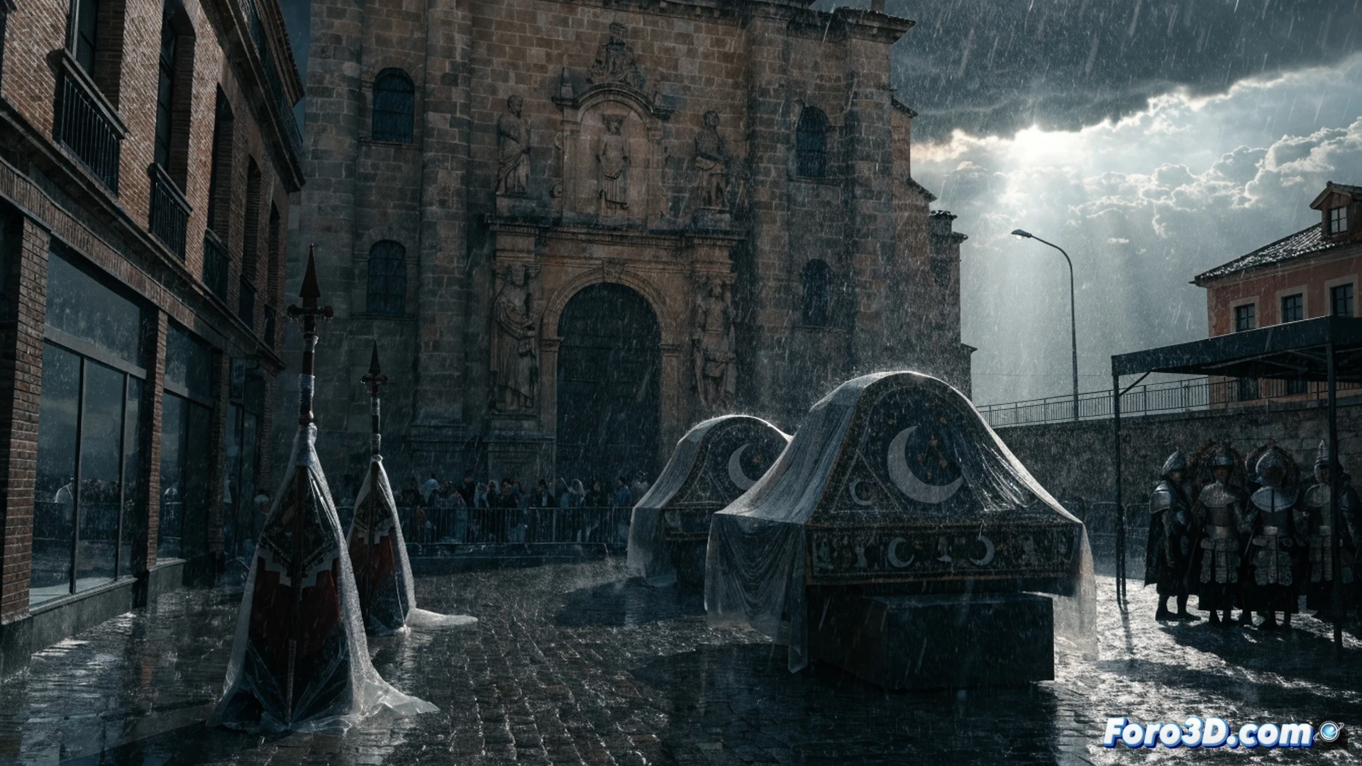 photorealistic cinematic scene of a medieval Moros y Cristianos parade float being hastily covered with a blue waterproof tarp during a sudden storm, heavy rain lashing against ornate wooden shields and metal armour on the float, a costumed participant securing a rope around a decorative cannon while another holds a large processional banner that snaps violently in the wind, wet cobblestone street reflecting lightning flashes, abandoned decorated tents and folding chairs being swept by gusts, dark storm clouds with dramatic lightning bolts, technical engineering visualization showing water runoff channels on the float structure, ultra-detailed fabric textures and metallic reflections, moody industrial lighting with deep shadows, high-resolution architectural render style