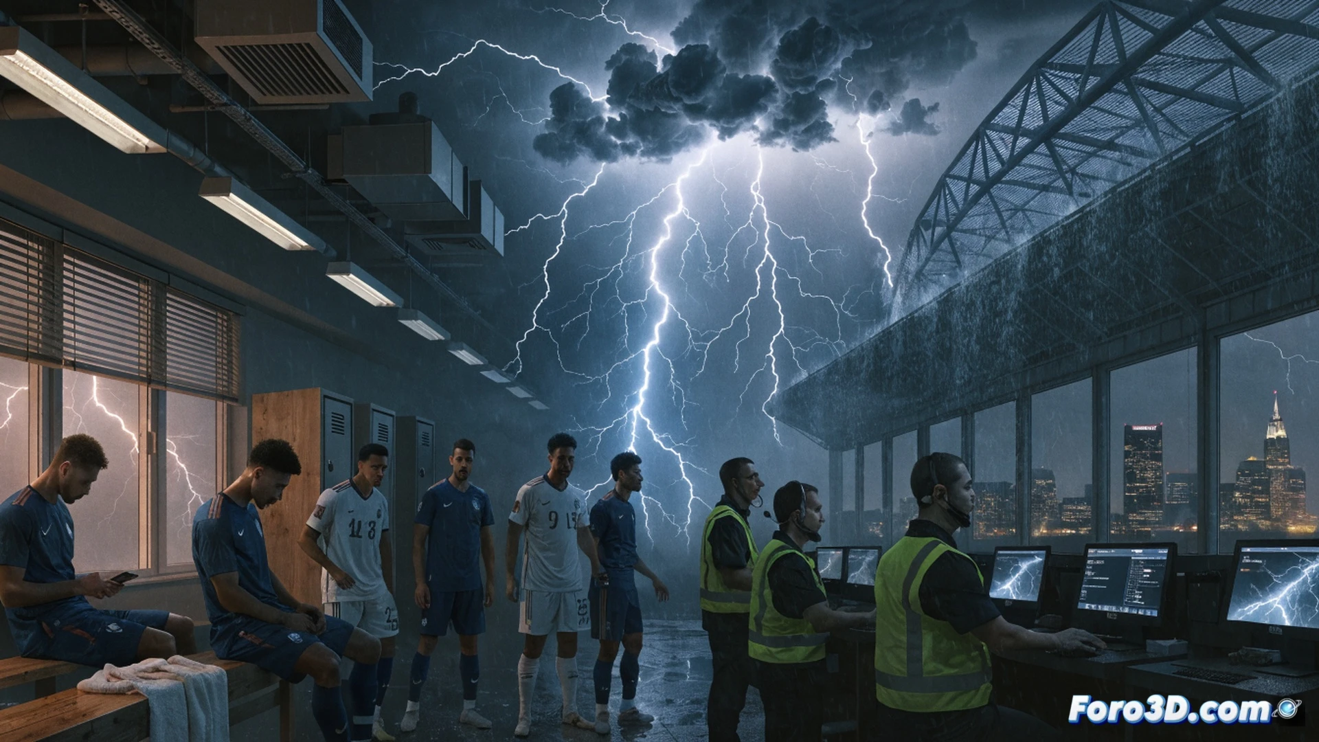 tormenta eléctrica sobre estadio de fútbol en Filadelfia durante partido suspendido, rayos cayendo sobre el campo vacío bajo lluvia torrencial, reflectores del estadio iluminando parcialmente el césped mojado, banquillos vacíos con botellas de agua dispersas, pantalla gigante mostrando señal de pausa meteorológica, protocolo de seguridad activado con sensores de rayos visibles en postes, técnicos en cabina monitoreando radar meteorológico en tiempo real, estilo cinematográfico fotorrealista, iluminación dramática de tormenta nocturna, texturas de lluvia y nubes densas, composición épica de desastre climático