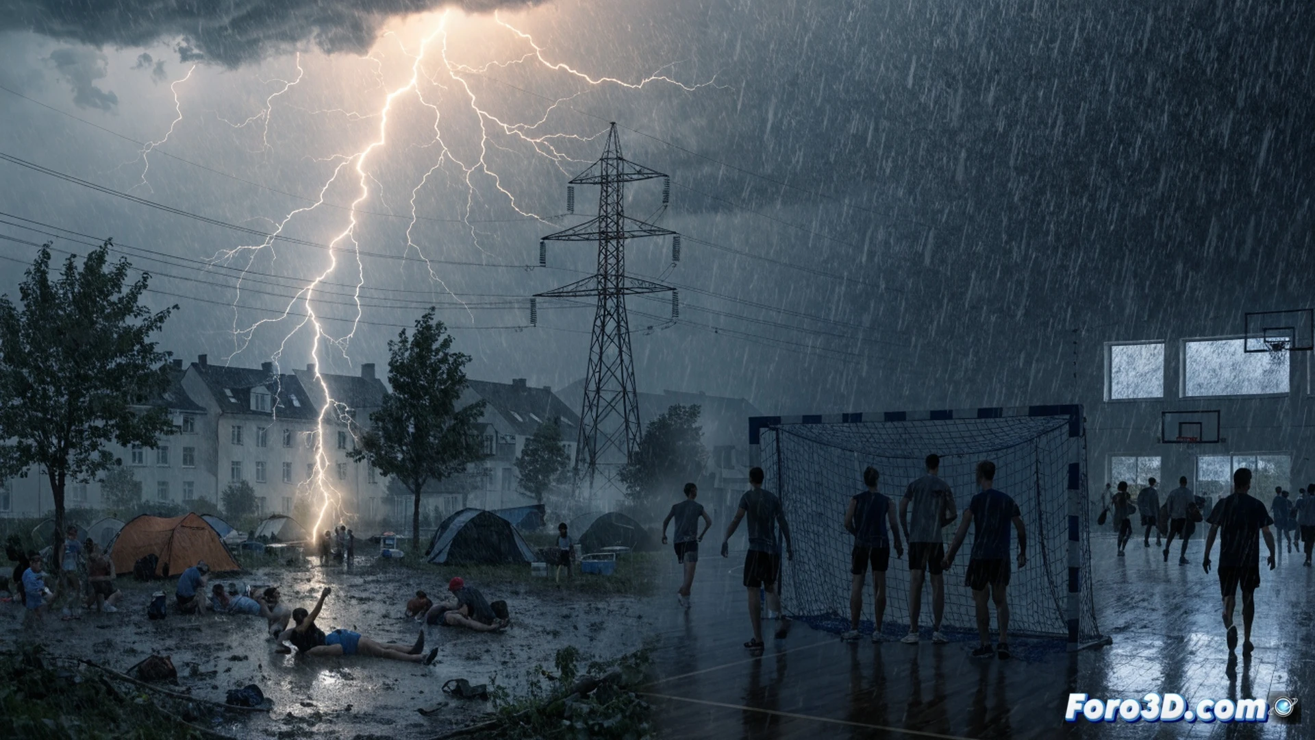 tormenta eléctrica nocturna sobre campamento de balonmano en Baden-Württemberg, rayo impactando directamente una tienda de campaña con chispas azules, ocho personas cayendo al suelo mientras un niño es levantado por la onda expansiva, segundo rayo cerca de una carpa blanca electrificando el suelo húmedo, mujer mayor desplomándose, postes de luz apagados en Münsingen al fondo, ingeniería eléctrica mostrando cables caídos y transformadores humeantes, estilo cinematic photorealistic, iluminación dramática de tormenta, relámpagos violetas iluminando el paisaje, lluvia torrencial en movimiento, ultra-detallado