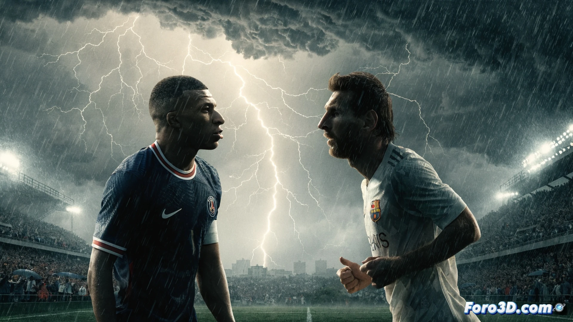 stadium floodlights illuminating rain-soaked pitch, lightning bolt striking distant sky above empty stands, players on field in soaked jerseys with Mbappé dribbling past Messi during restart, raindrops splashing on grass blades, water droplets on camera lenses, digital scoreboard showing match clock paused at 72 minutes, cinematic photorealistic sports photography style, dramatic storm clouds with electric blue lightning, motion blur on running players, reflective wet synthetic turf, high-contrast stadium lighting against dark sky, ultra-detailed fabric textures and water beading