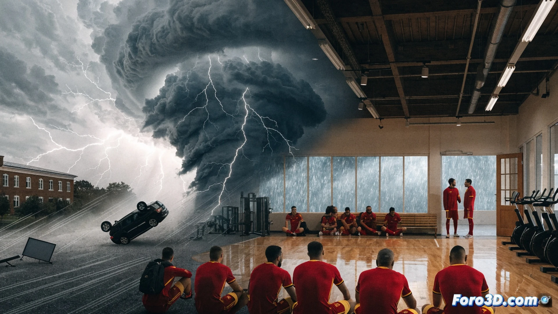 Cinematic wide shot of elite soccer players in a hotel gym during a severe storm warning, athletes performing indoor drills on treadmills and resistance machines while intense rain lashes windows, wind speeds of 128 km/h visually shown by palm trees bending violently outside, players wearing training gear with safety protocols active, emergency alert screens visible on tablets, photorealistic technical illustration, dramatic dark storm lighting, reflections of lightning flashes on gym mirrors, high detail on athletic movements and storm impact, realistic meteorological visualization, urgent atmosphere with safety equipment nearby