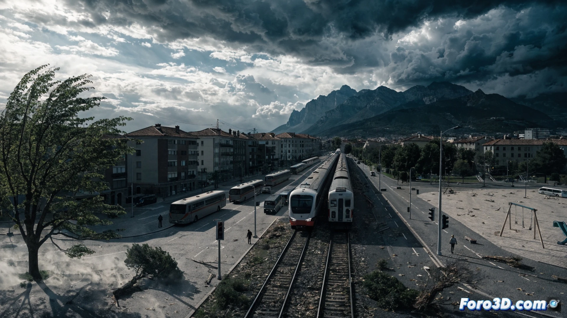 Cinematic photorealistic scene of a railway track near Huesca during a violent storm, wind speed 126 km/h bending trees, broken branches and leaves flying across the rails, a stranded passenger train halted on the tracks, maintenance workers in high-visibility jackets inspecting fallen tree debris blocking the line, distant lightning illuminating dark storm clouds, wet asphalt reflecting flashing warning lights, technical engineering visualization showing aerodynamic wind effects, motion blur on debris trajectories, dramatic industrial lighting, ultra-detailed mechanical train components