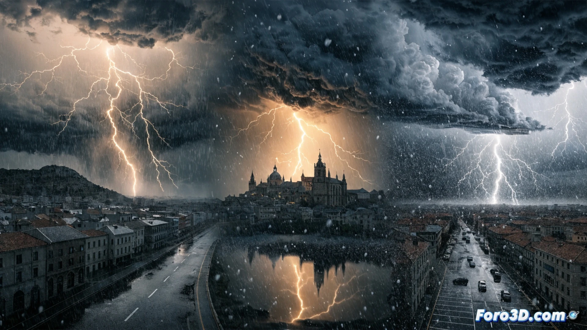 cinematic aerial view of Castilla-La Mancha countryside during severe storm, dark purple thunderclouds releasing torrential rain over flooded rural road, hailstones bouncing off asphalt, wind bending olive trees, lightning bolt striking a power line transformer causing sparks, emergency vehicle flashing lights near waterlogged intersection, photorealistic weather disaster visualization, dramatic storm lighting, ultra-detailed water reflections, turbulent cloud formations, intense atmospheric pressure