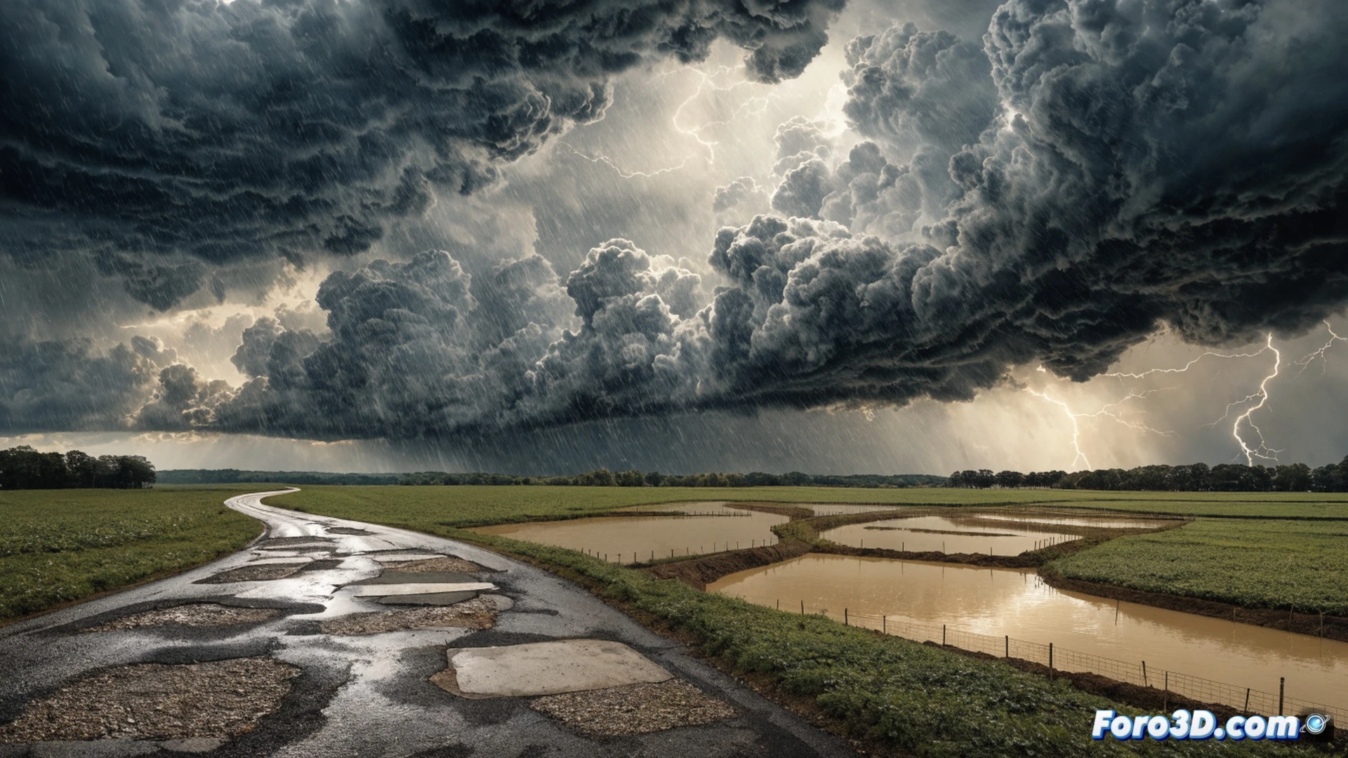 agricultural landscape during flash flood, cracked dry earth transforming into raging muddy water channels, a broken drainage pipe spilling water across a dirt road, a tractor partially submerged in a flooded field, a single wind turbine in background under dark storm clouds, cinematic photorealistic engineering visualization, dramatic storm lighting, water splashing against metal equipment, erosion visible along field edges, muddy runoff carrying debris, realistic water physics, high-contrast environmental lighting, ultra-detailed soil and vegetation textures, technical environmental illustration