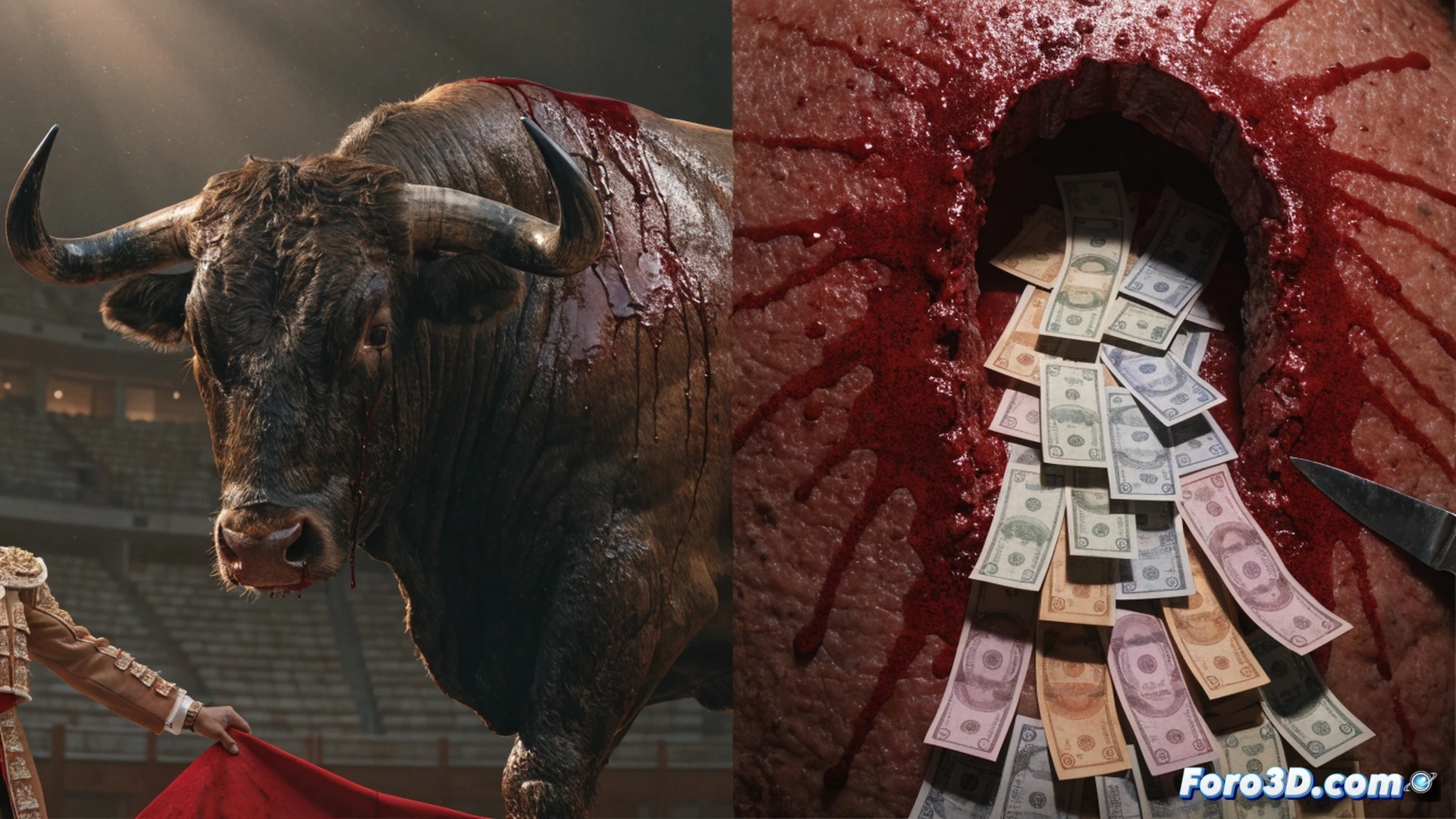 torero ensangrentado cayendo al ruedo mientras capote y muleta yacen rotos en la arena, fondo de plaza de toros vacía con carteles de subvención pública rasgados, primer plano de un toro herido de costado con banderillas clavadas, sobreimpresión visual de un presupuesto gubernamental sangrando billetes que caen hacia un hospital infantil y una escuela en ruinas, estilo cinematográfico realista, iluminación dramática de atardecer, sombras alargadas, textura de polvo y sangre, composición simbólica y cruda, photorealistic technical render