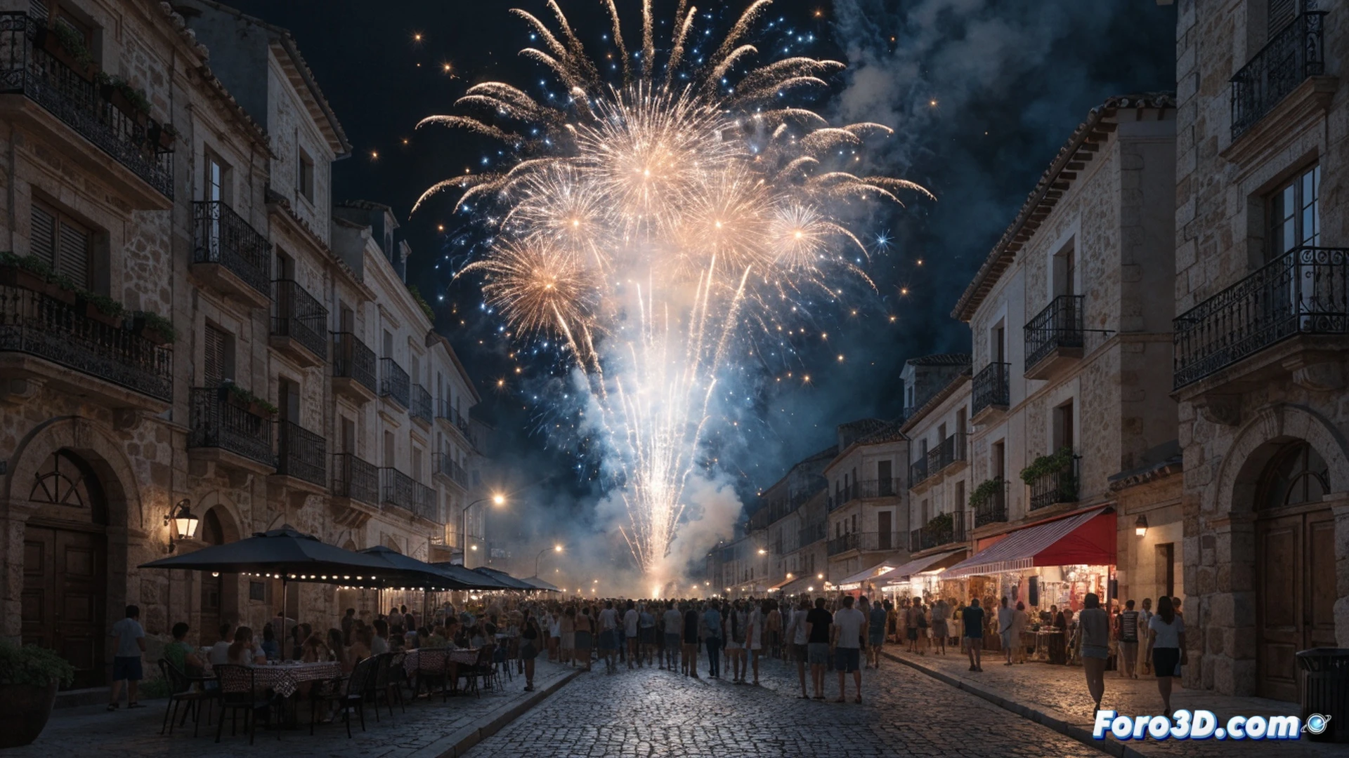 Vista aérea de plaza medieval abarrotada durante procesión festiva, estandarte de San Antonio ondeando sobre multitud, puestos de artesanía local con toldos rojos y blancos, comerciantes atendiendo clientes con productos típicos, niños corriendo con globos de colores, músicos callejeros tocando instrumentos tradicionales, fachadas de piedra iluminadas por faroles cálidos, cálido atardecer dorado, photorealistic cinematic render, profundidad de campo, texturas detalladas de adoquines y mampostería, ambiente festivo comunitario, iluminación natural dramática