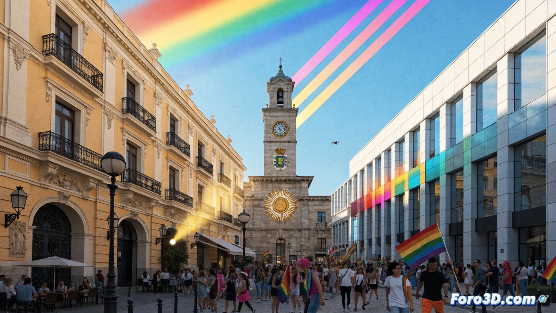 Ayuntamiento de Torrelodones, fachada con bandera arcoíris ondeando al viento, concejales y vecinos diversos reunidos en la plaza central, un documento oficial de declaración institucional siendo firmado sobre una mesa de madera, pluma estilográfica en acción, manos sosteniendo el papel, edificio consistorial al fondo con detalles arquitectónicos de piedra, luz de atardecer dorada proyectando sombras largas, estilo cinematográfico fotorrealista, composición simétrica, ambiente festivo y solemne, diversidad de edades y géneros visibles en la multitud, banderas multicolor en movimiento