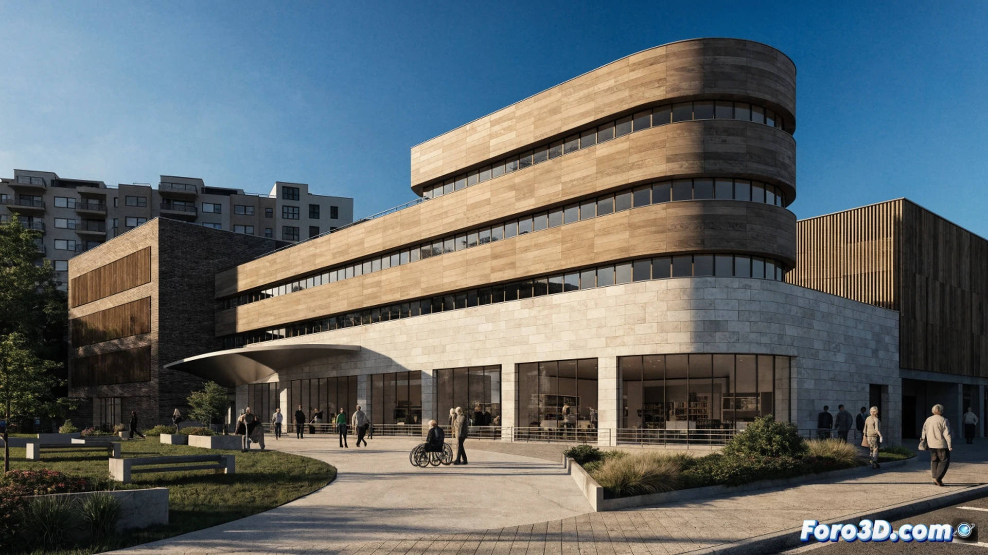 vista aérea de un edificio moderno de centro de día en construcción, grúa elevando paneles solares sobre el techo, trabajadores instalando rampas de acceso accesibles en la entrada principal, ventanales amplios que muestran salas de terapia interior, jardín terapéutico con senderos curvos y bancos adaptados, ingenieros revisando planos arquitectónicos digitales en tabletas, maquinaria amarilla moviendo tierra para cimentación, estilo visual de ilustración técnica arquitectónica fotorrealista, luz natural brillante de mediodía, sombras nítidas y detalles de materiales de construcción, renderizado ultra detallado de infraestructura pública