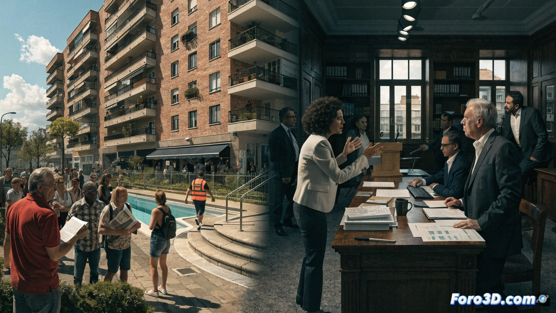 municipal swimming pool closed with metal barrier and chain-link fence, politician in suit pointing at padlock while holding printed report, neighborhood residents standing behind fence looking frustrated, summer heat haze rising from empty concrete pool visible through gate, technical engineering documentation spread on nearby table showing pool maintenance diagrams, cinematic photorealistic style, dramatic late afternoon shadows, dust particles in sunlight, worn concrete textures, tension in body language, hyper-detailed urban scene